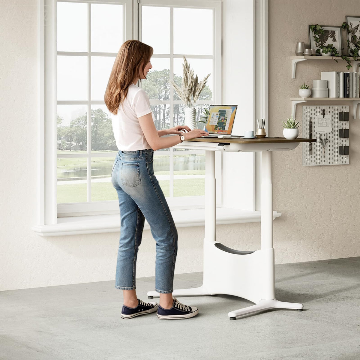 COLAMY Electric Adjustable Standing Desk – 48 x 28 Inch Sit Stand Desk with Drawer & Cable Management, Dual Motor Lift System, Ergonomic Footrest, Home Office Table (MFC Desktop, Walnut + White)