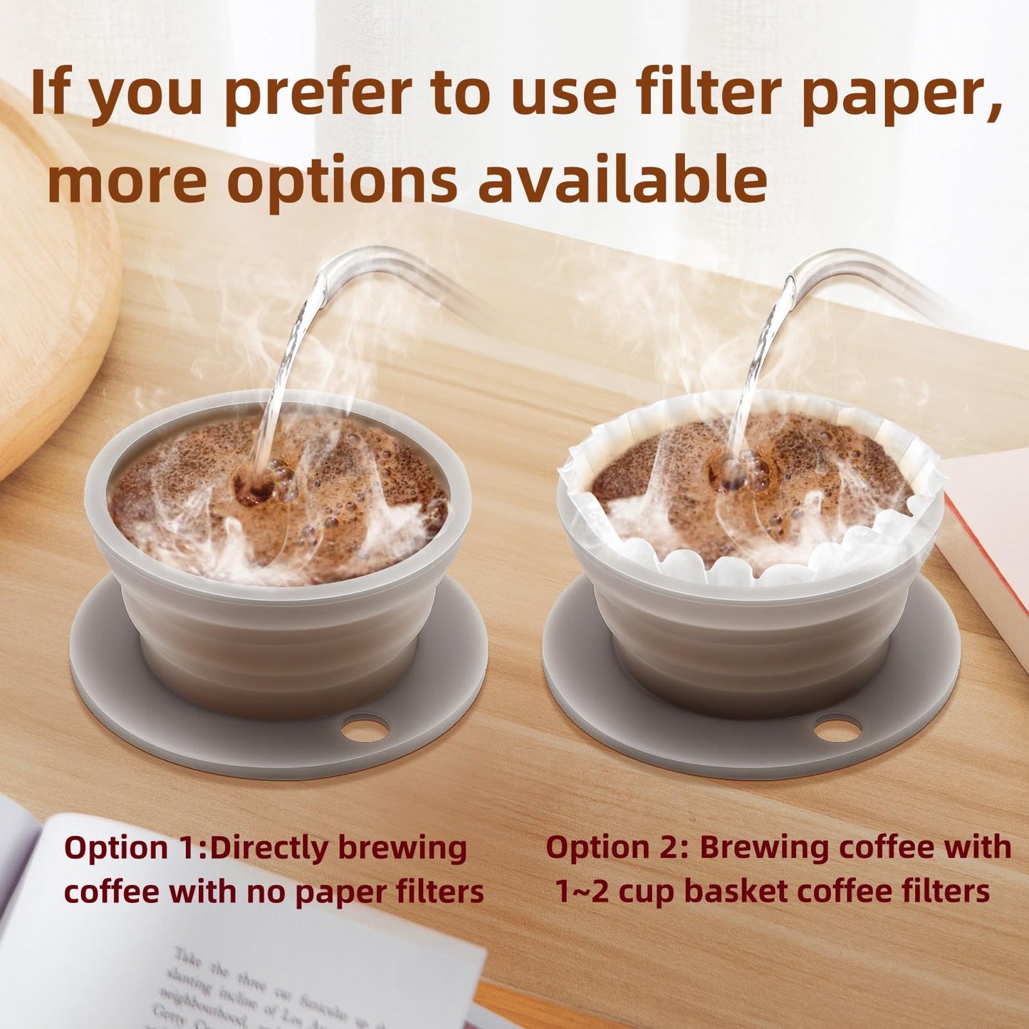 VVGCS Set of 2 Paperless Collapsible Travel Pour Over Coffee Dripper Kit - Silicone Travel Pour Over Coffee Maker Camping - Collapsible Coffee Filter with Stainless Steel Filter (Brown+Grey)
