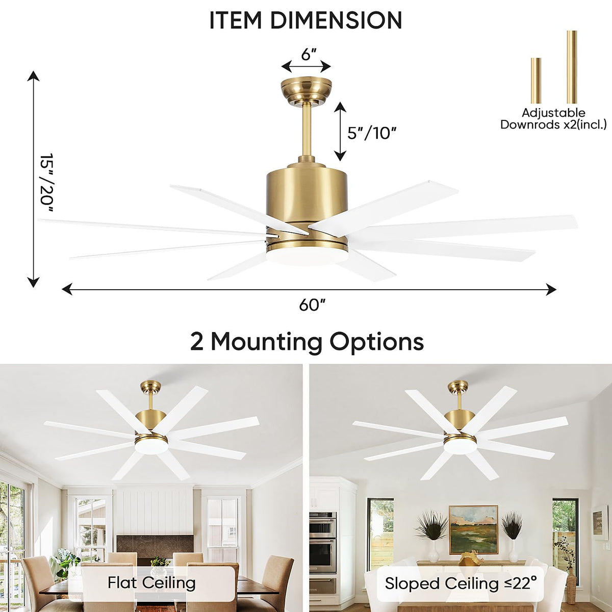 TXCSLY 60 inch Ceiling Fan with Light, Large Ceiling Fans with Remote Outdoor Ceiling Fan Quiet DC Motor, 8 Blades, 6 Wind Speed, Dimmable and Quiet DC Motor for Bedroom Living Room- White &Gold