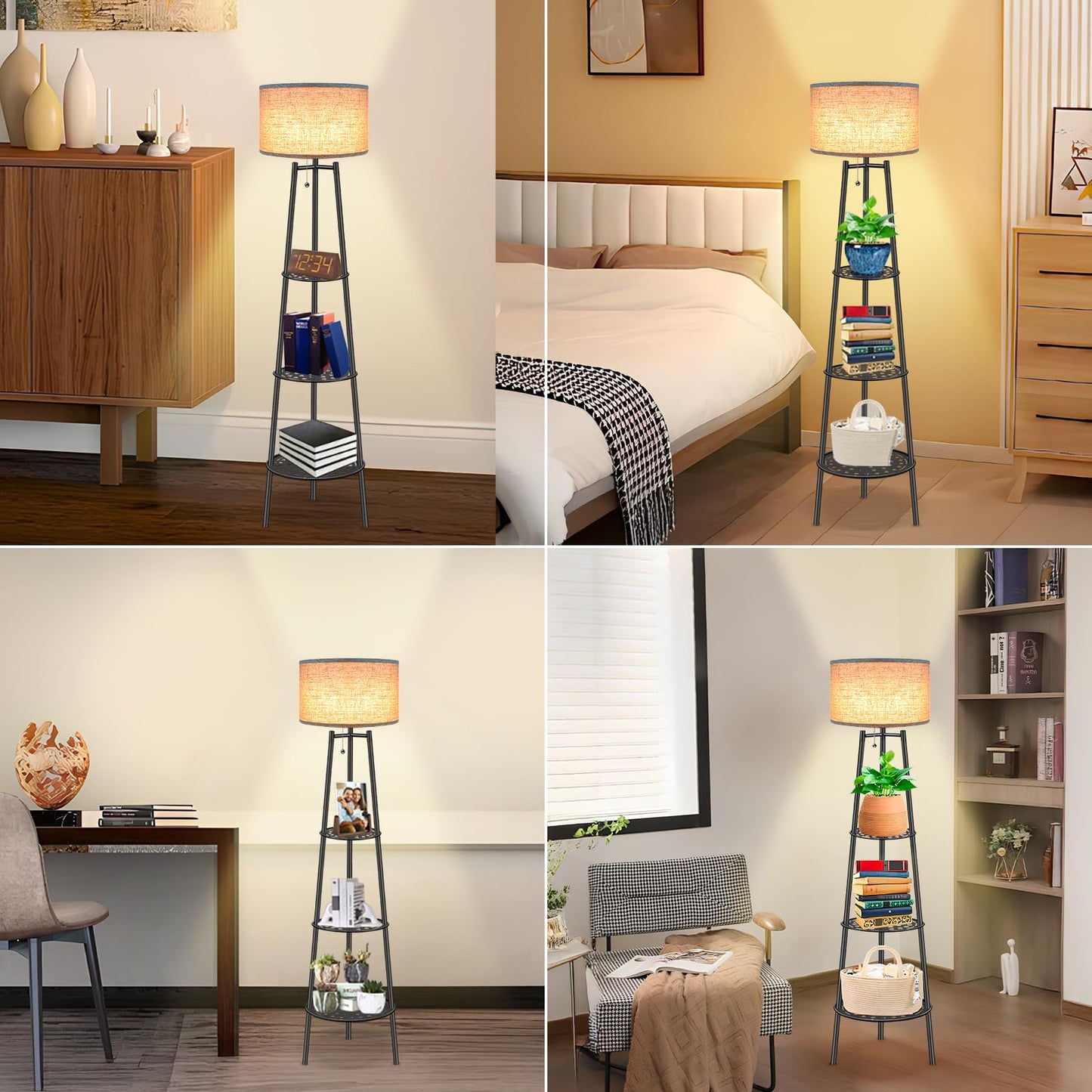 ZQQLITE Floor Lamp with Shelves for Living Room, Standing Lamp,Tall Lamp, Amparas Elegantes para Sala with Linen Shade,Modern Floor Lamp for Living Room,Bedroom or Office(Black )