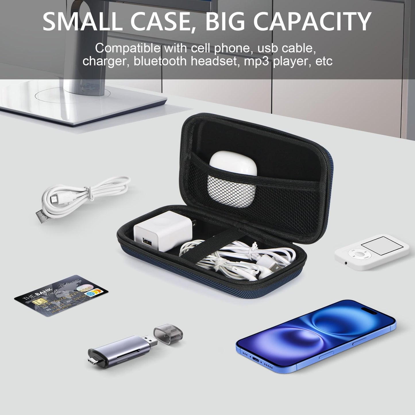 Hard EVA Protective Case - GLCON Portable Storage Case for Charging Cable, Power Bank, Hard Drive, Cell Phone, External Battery - Small Travel Case Mesh Inner Pocket + Zipper Enclosure (Grey Blue)