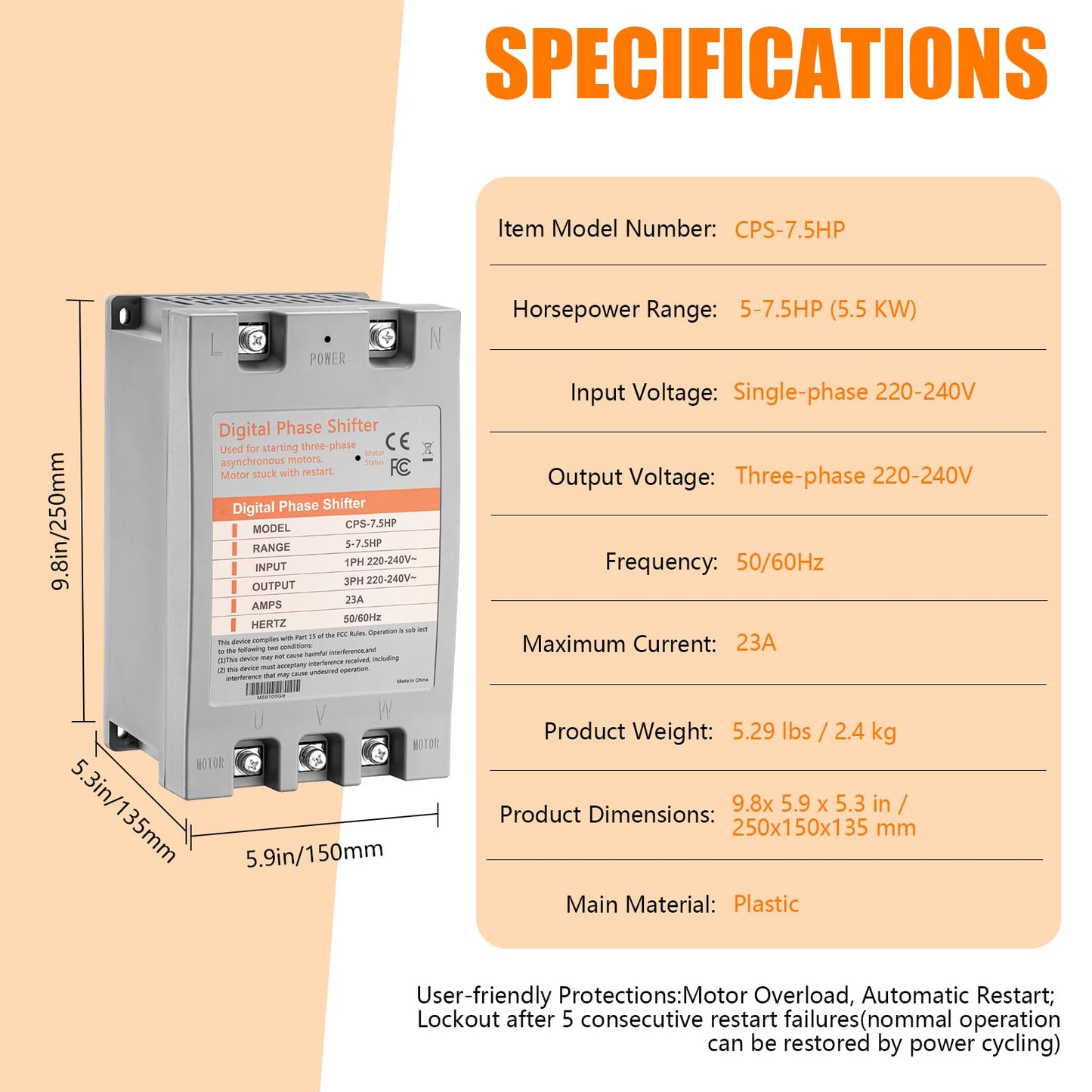 LGIB Single Phase to 3 Phase Converter,7.5HP 220V 3 Phase Converter,220V-240V Input/Output Digital Phase Shift for 7.5HP Motor