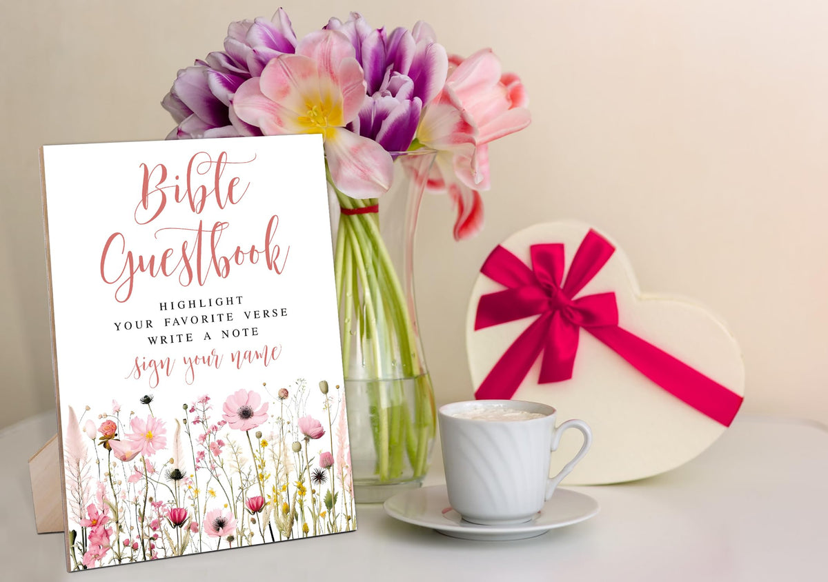 Wedding Bible Guest Book Sign, Pink Flower Style Wooden Sign With Stand, Guest Book Alternative, Bridal Shower Centerpieces For Tables, Wedding Reception Decorations, Engagement Party Decoration-17
