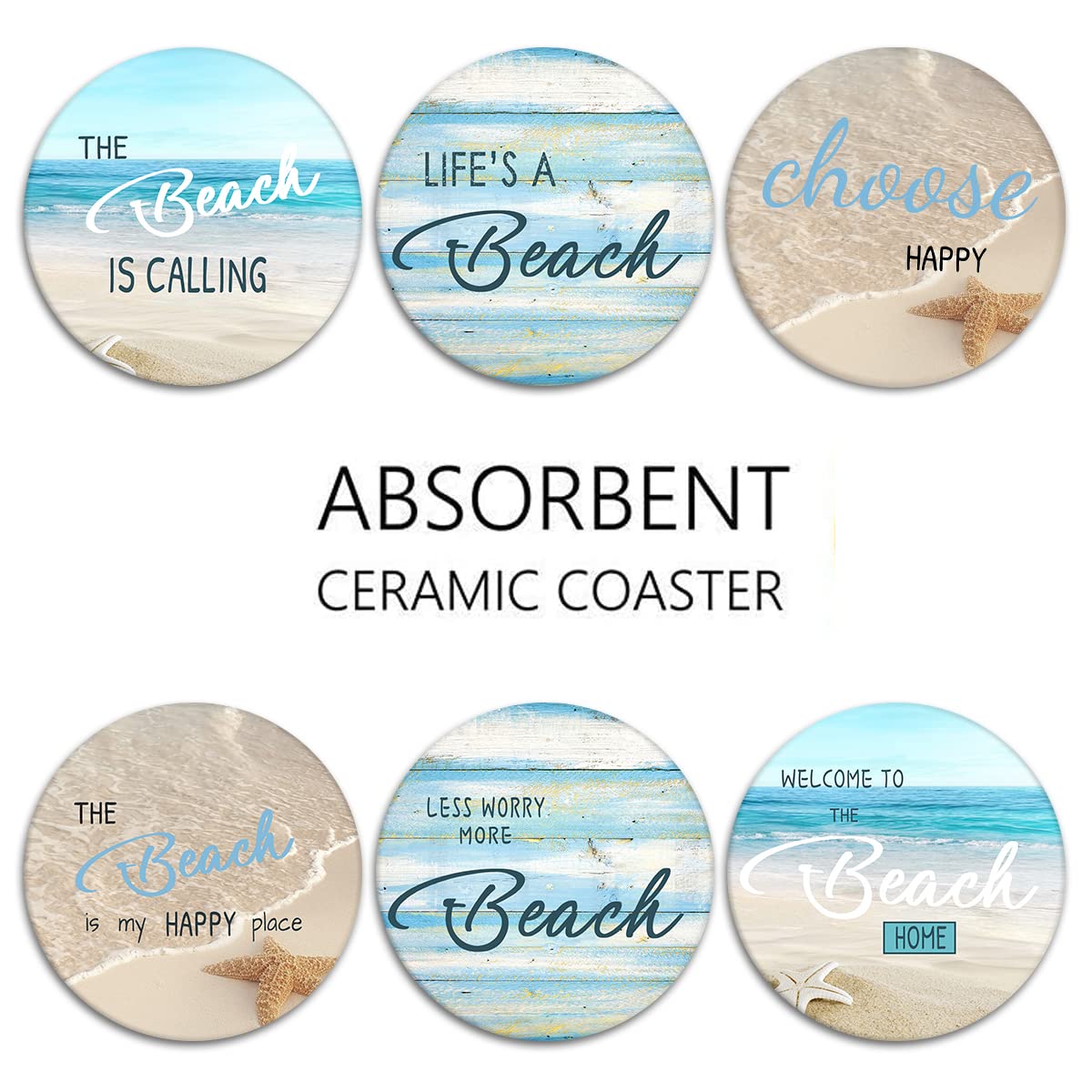 Britimes Coaster for Drinks Set of 6, Beach Shell Antique Teal Blue Table Absorbent Round Ceramic Stone Mat, with Cork Base and Metal Holder, Gift for Housewarming Room Bar Decor