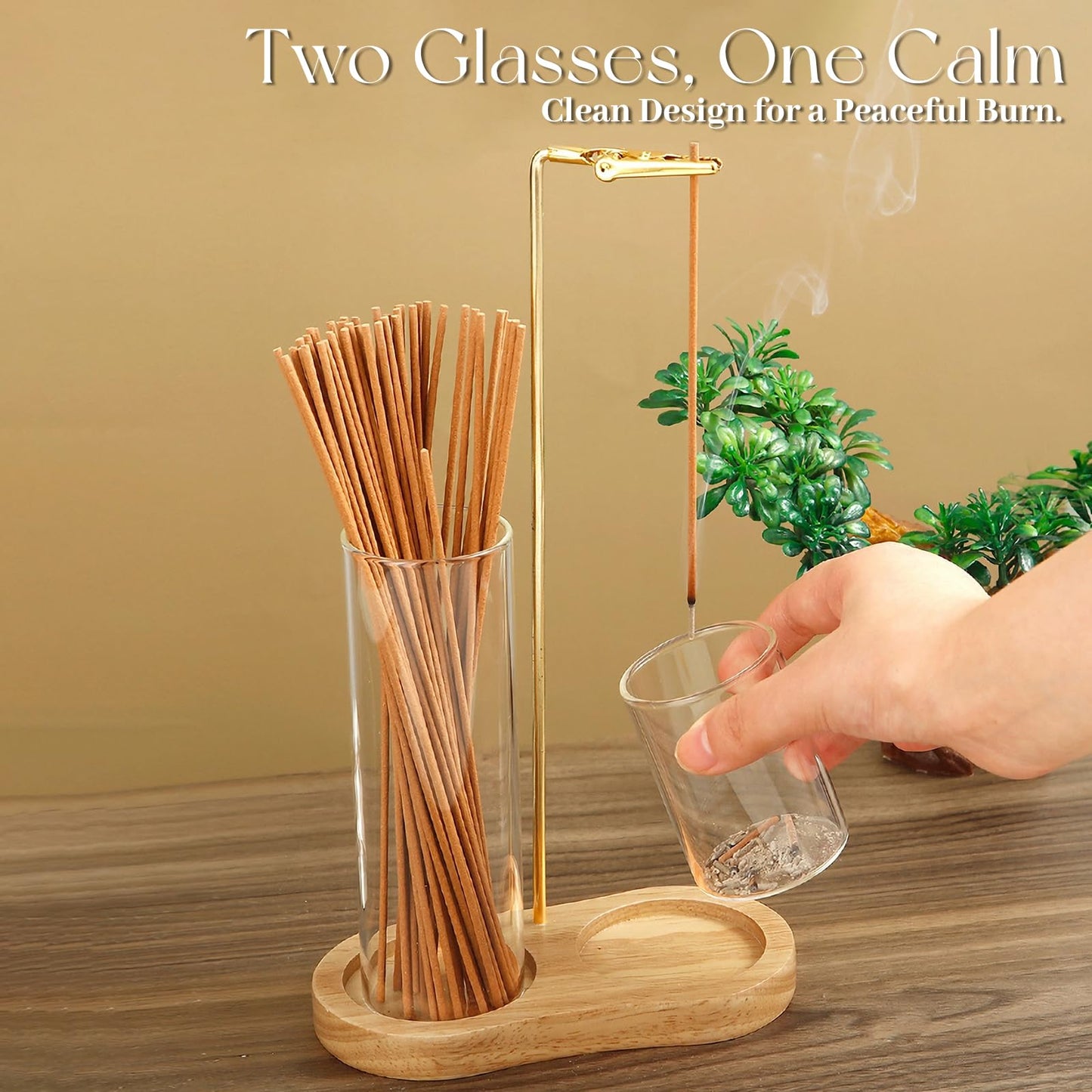 2-in-1 Incense Stick Holder with Glass Ash Catcher, Dual Glass Cups & Metal Clip, Minimalist 8-Shaped Wooden Base, Home Decor Gift (Dark Base)