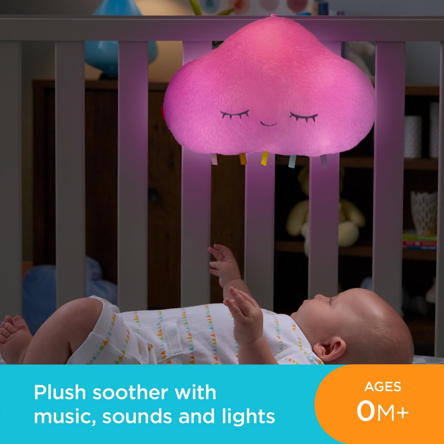 Fisher-Price Baby Sound Machine Twinkle & Cuddle Cloud Soother Crib-Attach Plush with Lights for Infant to Toddler, GJD44