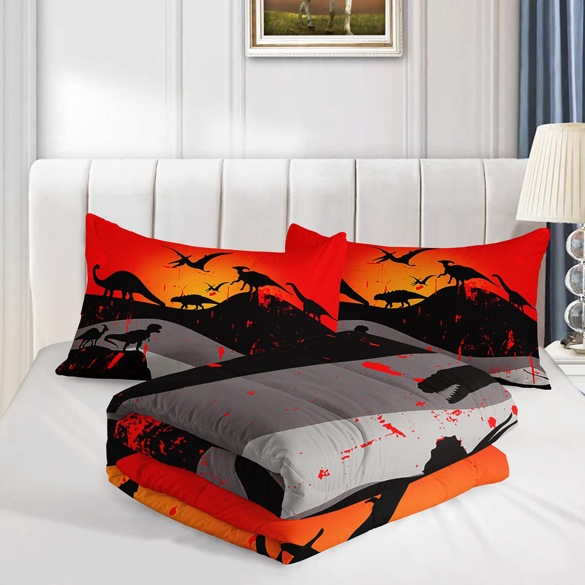 XYNHML Cartoon Dinosaur Comforter Set Full 3Pc Kawaii Dinosaur Bedding Set All Season with Tree, Leaf Decoration Includes 1 Comforter, 2 Pillowcases for Kids Girls Teens