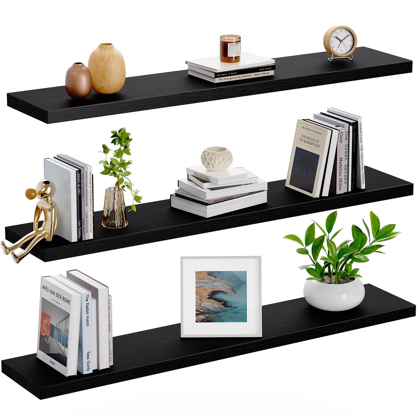 AMADA HOMEFURNISHING Floating Shelves, Wall Shelves for Living Room, Bedroom, Bathroom, Kitchen & Home Office Organization, Bathroom Shelves with Hidden Brackets, 22 lbs Max Load, Black, AMFS45B