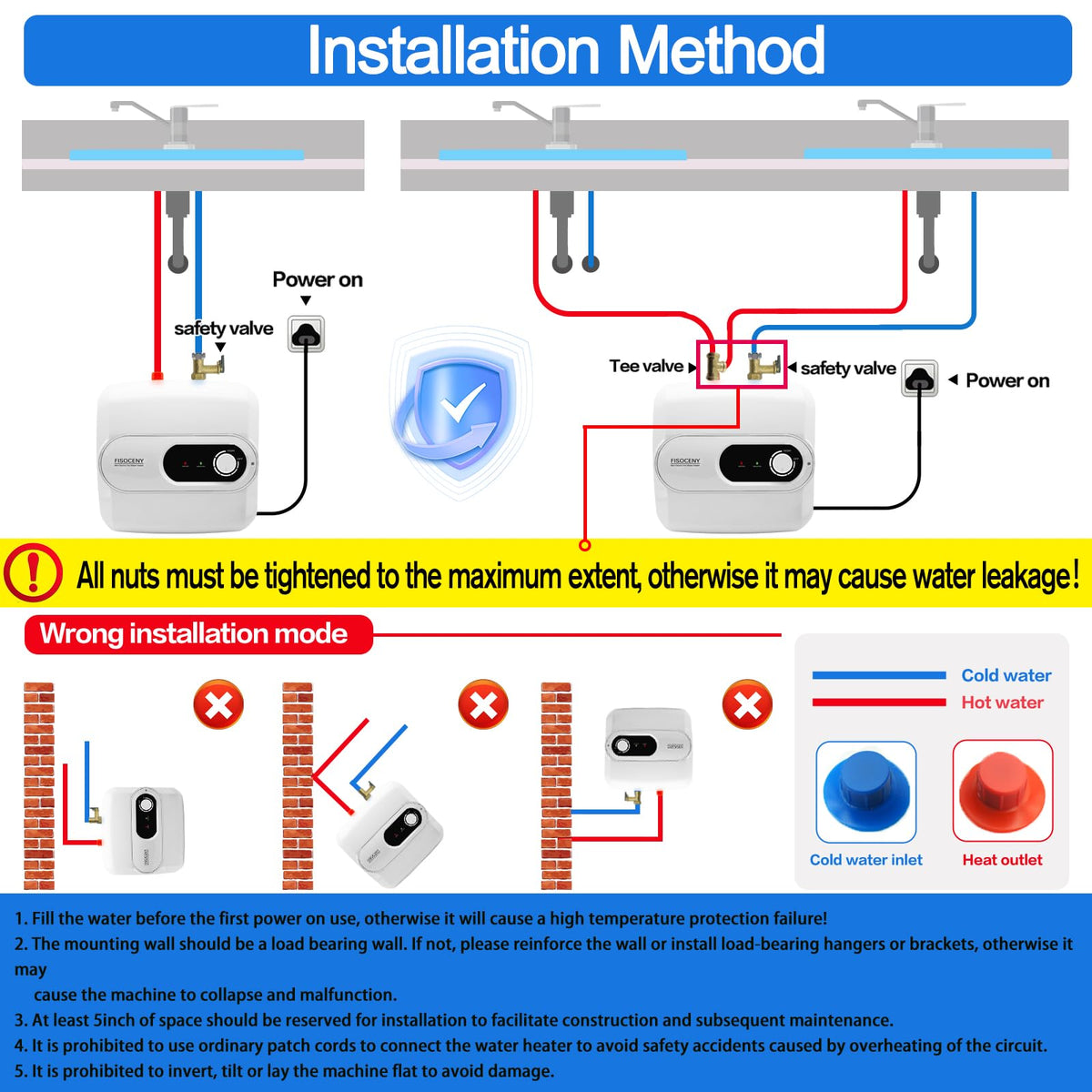 Fisoceny 4 Gallon Tank Water Heater Under Sink Instant Hot Water 1500w 120V,Kitchen Under Counter RV Small Hot Water Heater with Release Valve 3-Way Diverter Vavle,1/2" NPT White