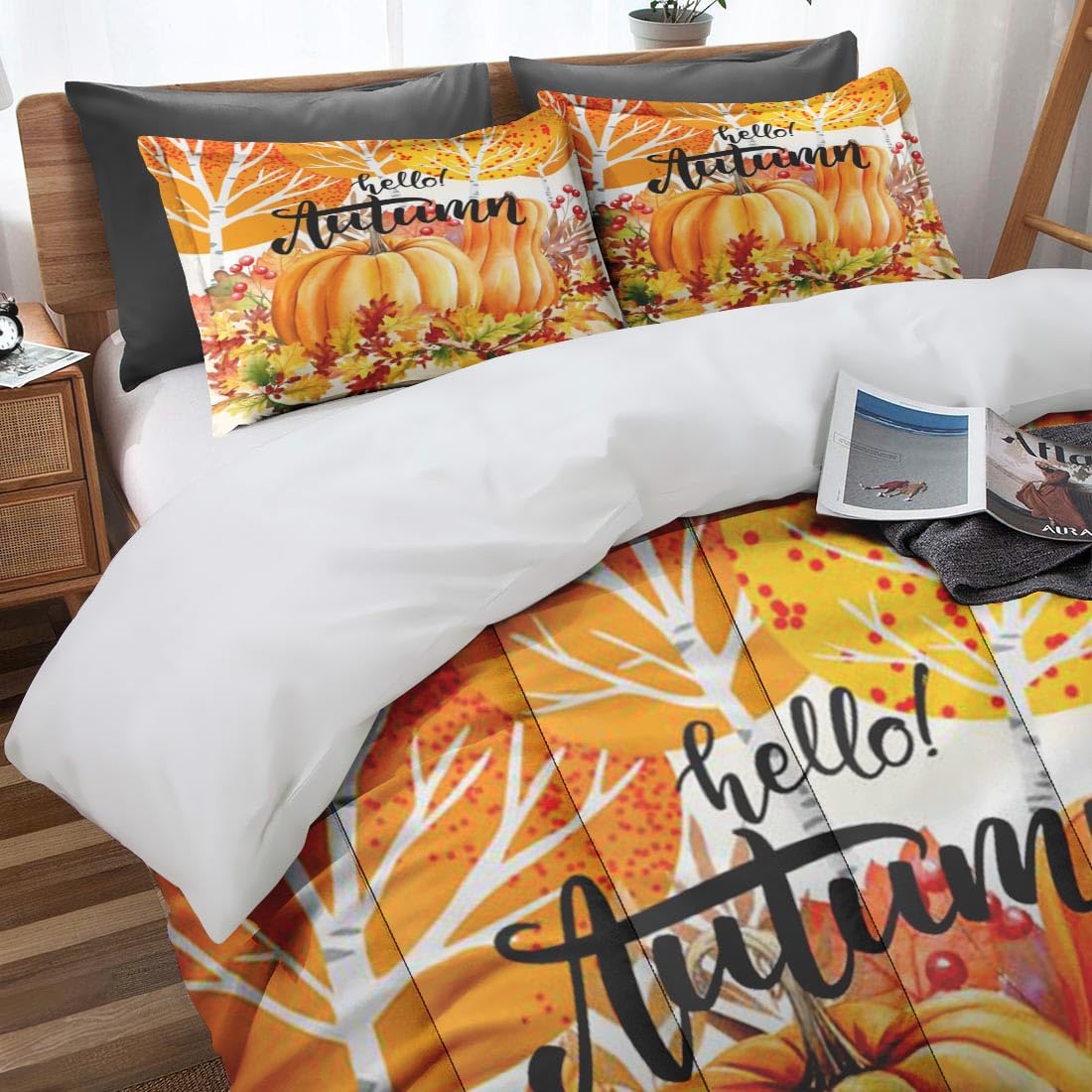 Nesphy Fall Pumpkin Botanical King Comforter Set, Autumn Painting Yellow Bedding Set 3 Piece, All Season Soft Toddlers Children Adults Bedroom Bed Decoration Comforter and 2 Pillow Shams