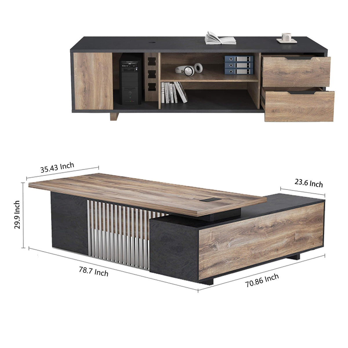 ONNAHOMEStlyle Executive Desk with Privacy Panel, Large Office Desk for Small Business, Computer Desk with Drawers & Storage Cabinets, Thick One-Piece Tabletop (Right Return, 78.7")