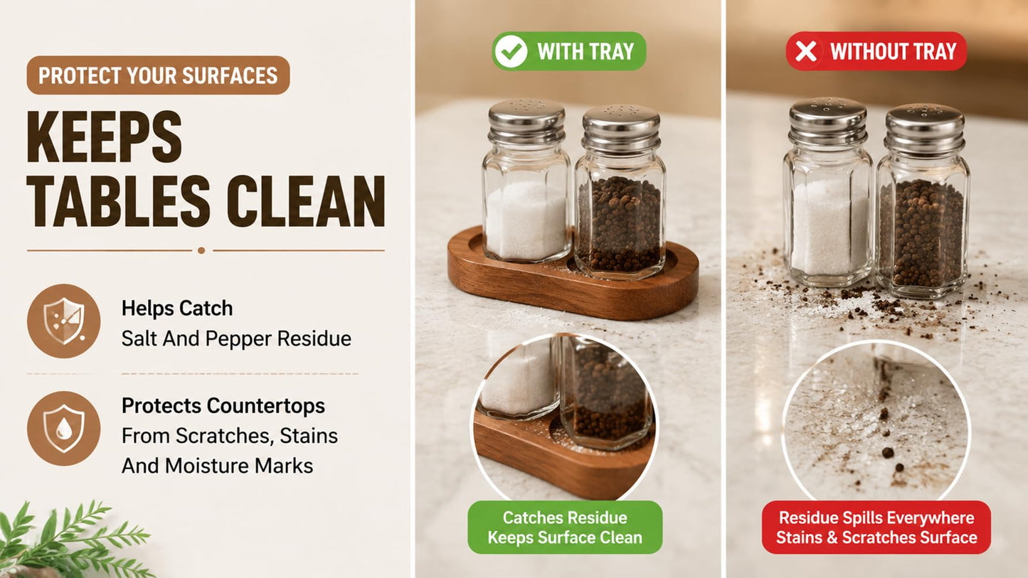 Wood Pepper Grinder Tray Salt and Pepper Mill Holder Rubberwood Stand Organizer for Kitchen Counter Dining Table Spice Grinder Base Storage