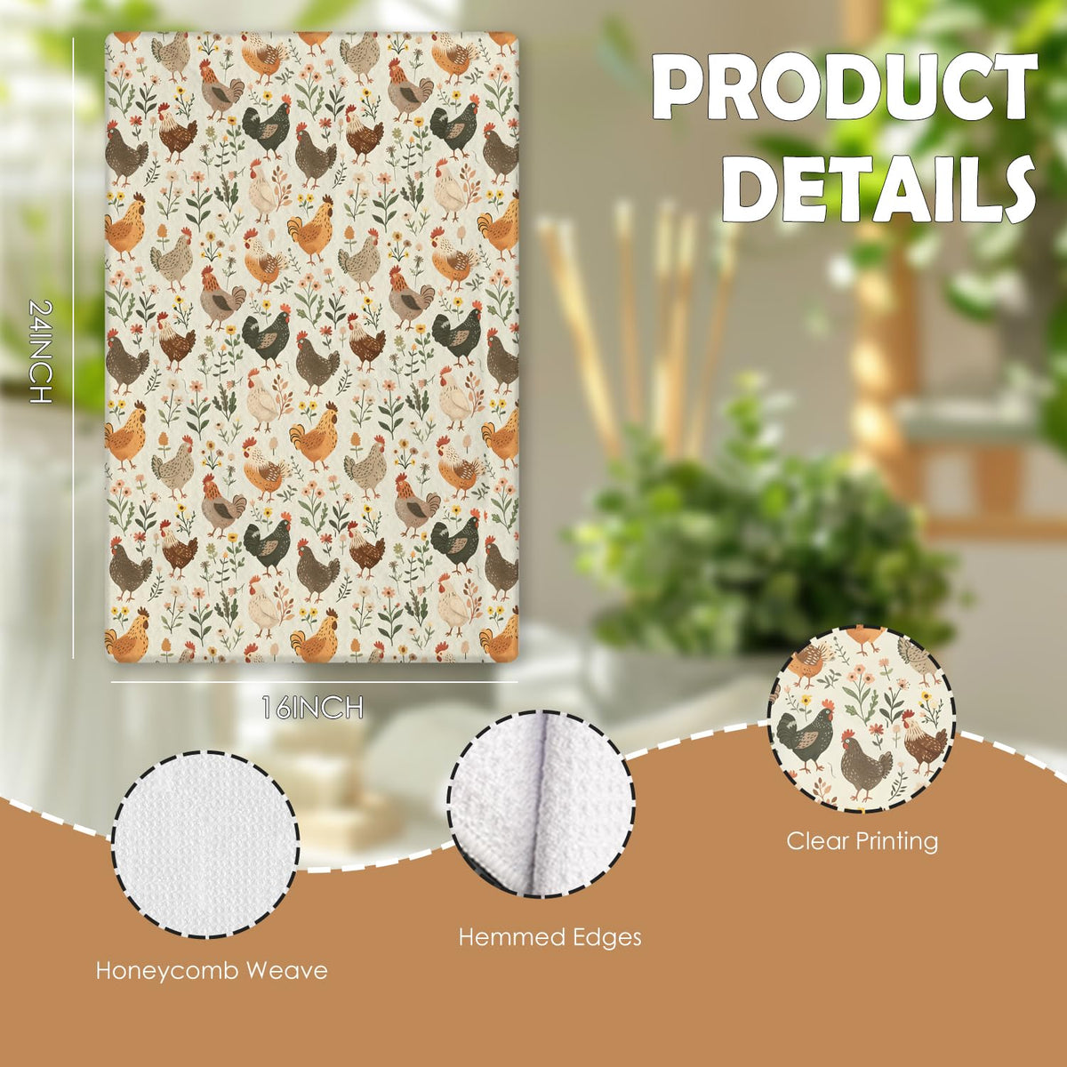 HUGANE Farmhouse Chicken Rooster Kitchen Towels, Chicken Dish Towels, Rooster Decor Hand Towel for Bathroom Kitchen Decor, Cock Mom Lady Gifts, 16x24 Inch