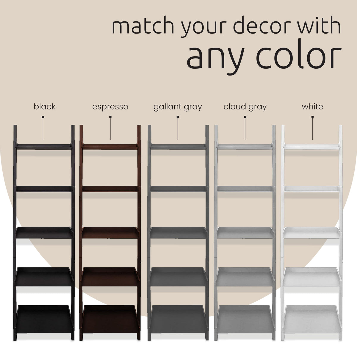 Kiera Grace Providence Hadfield 5 Tier Ladder Shelf, Leaning Bookshelf Storage Rack for Home, Office, 18" x 67", White