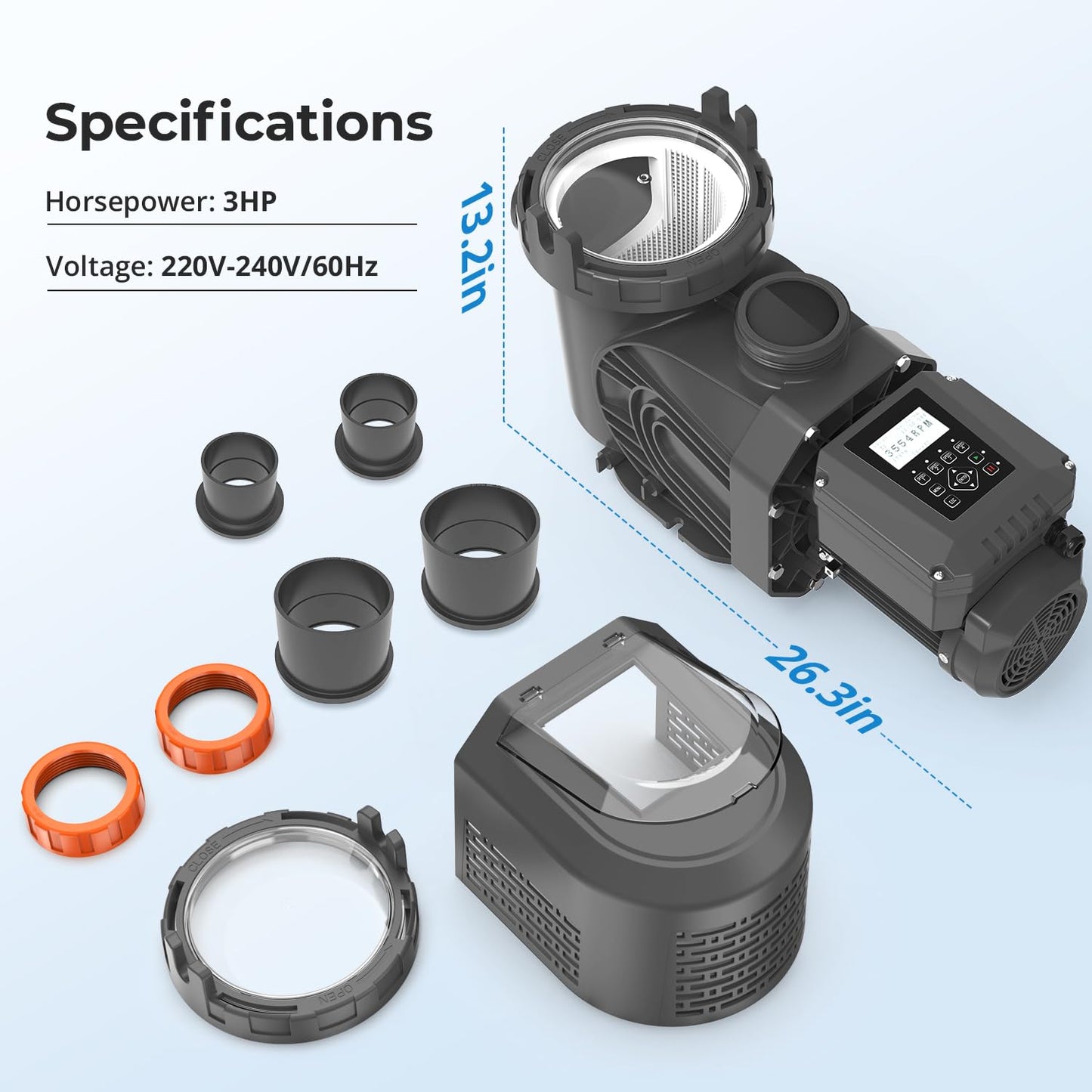 3HP Pool Pump,Variable Speed with Self Primming Above/Inground Pool Pump 11359 GPH with Timer 220-240V