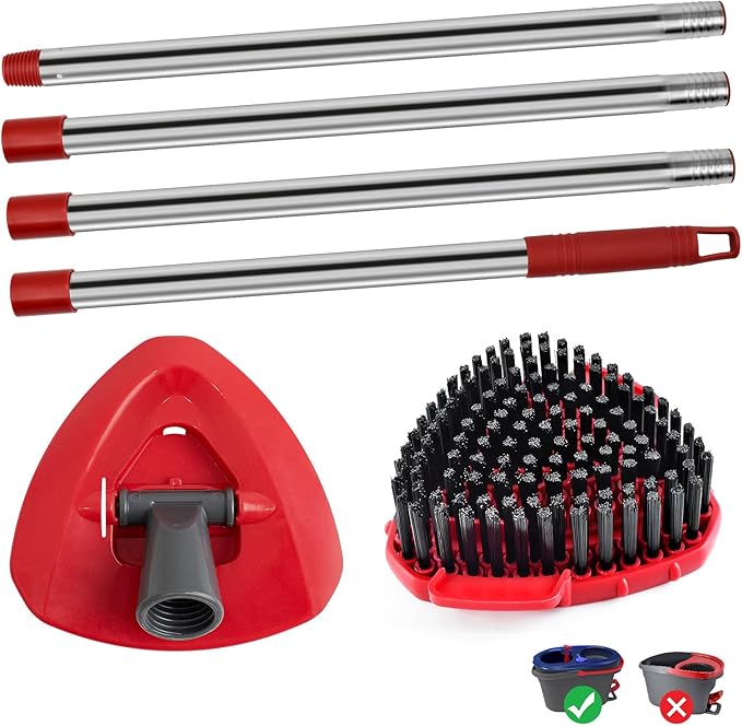 4-Section Stainless Steel Spin Mop Handles, Mop Base & Upgrade Scrub Brush Combo