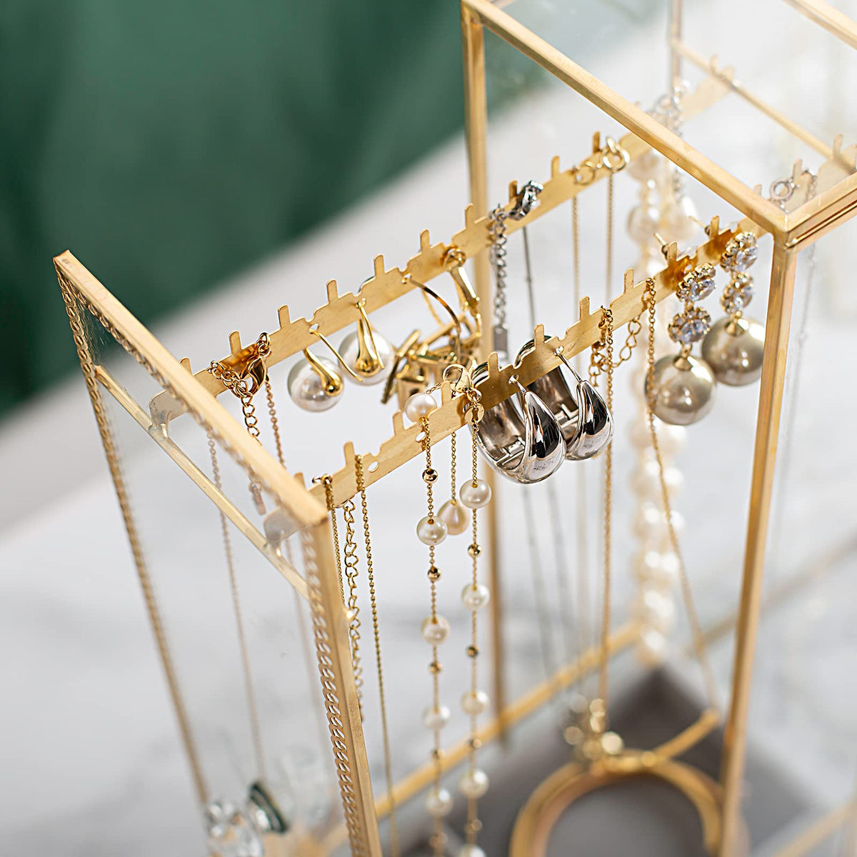 Glass Necklace Organizer Holder, Jewelry Organizer Necklace Holder with Hanging Hooks, Glass Necklaces Display Case for Storage Rings Earrings