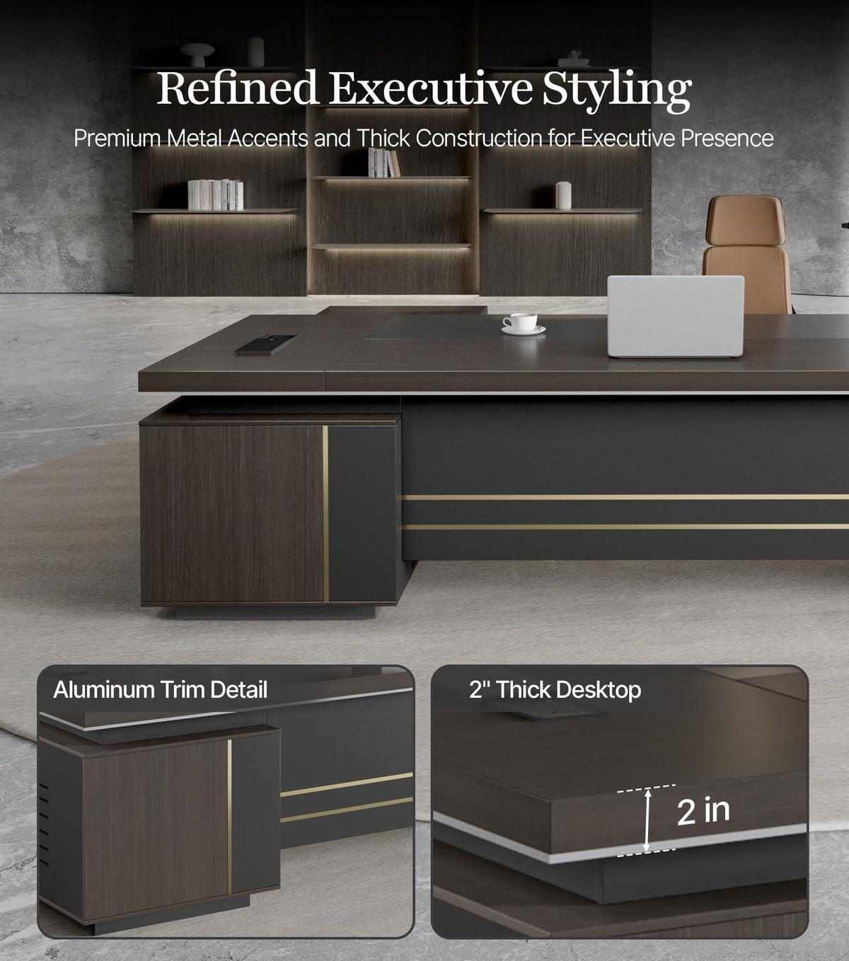 Anzhap 79" L-Shaped Executive Desk with Power Outlets & Reversible Return, Luxury Office Desk with Drawers, Storage Shelves and Ventilated CPU Compartment for Home and Office (79" L x 65" W x 30" H)