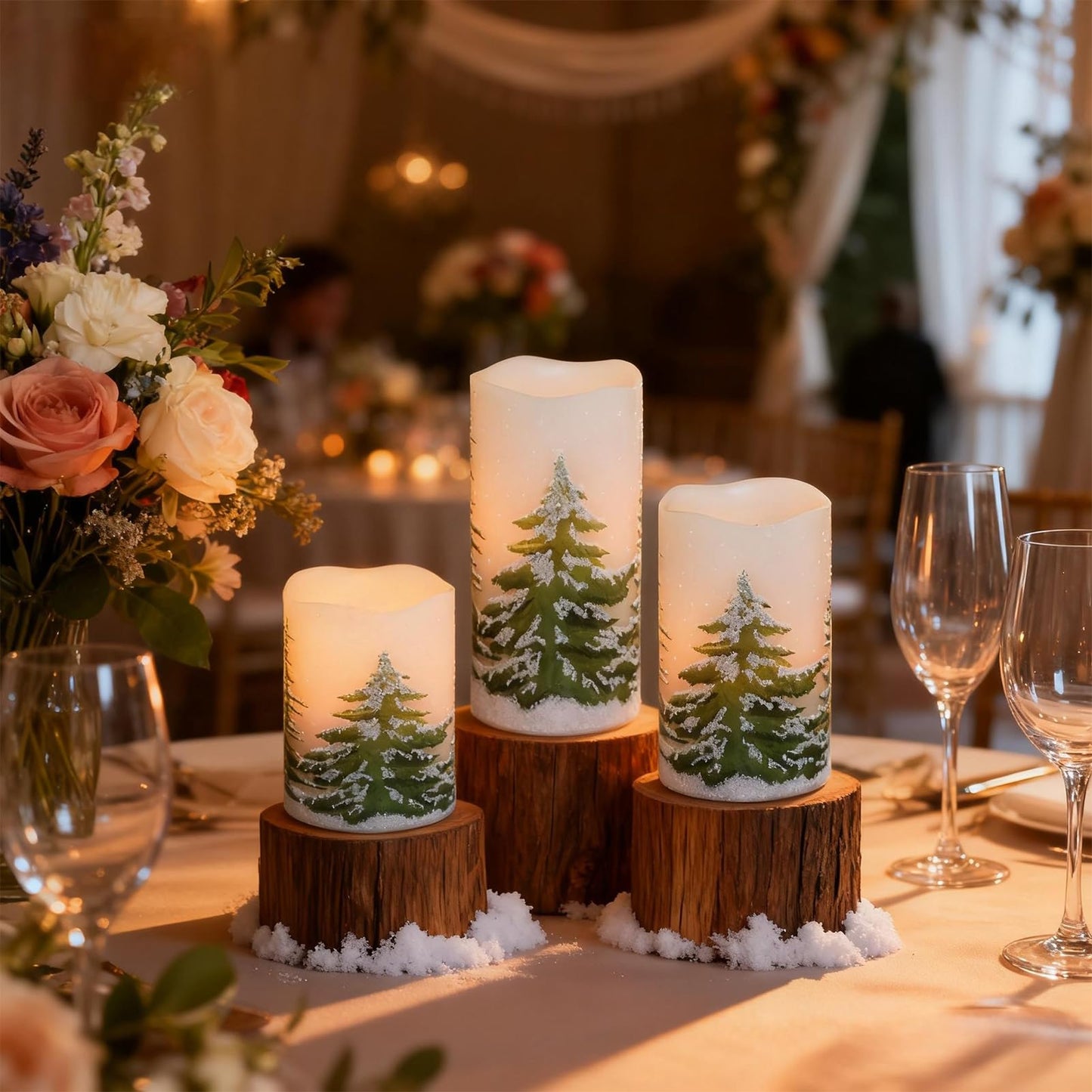 Wondise Rechargeable Christmas Tree Flameless Candles with 6H Timer, Battery Operated LED Real Wax 3D Wick Candles with Charging Base, Set of 3 Christmas Home Decoration Gifts(3 x 4 5 6 Inch)