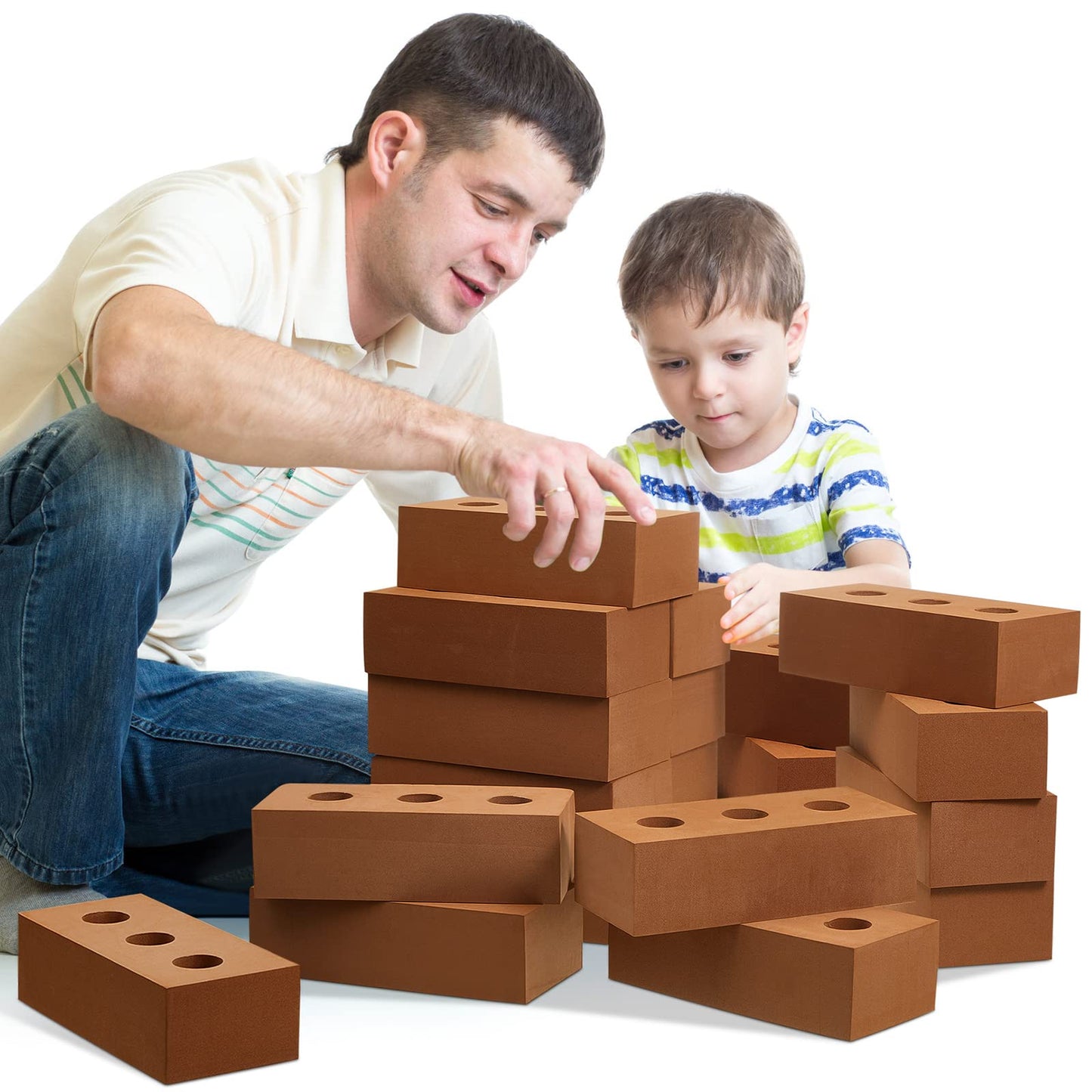 Deekin Foam Brick Building Blocks for Kids Thick Blocks Foam Large Fake Brick Construction Toy for Stacking Construction Gifts, 8 x 4 x 2.4 in(30 Pcs,Circle Holes)