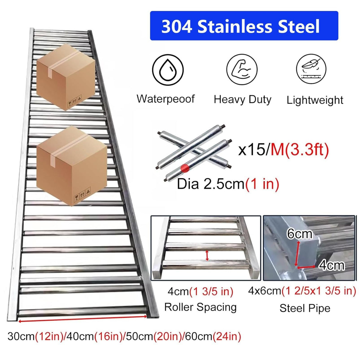 Folding Unpowered Conveyor Slides - 330 lbs Capacity, Durable Stainless Steel Rollers, 30/40/50/60cm Widths, Heavy-Duty Wear-Resistant Design, 9M/29.5FT Length