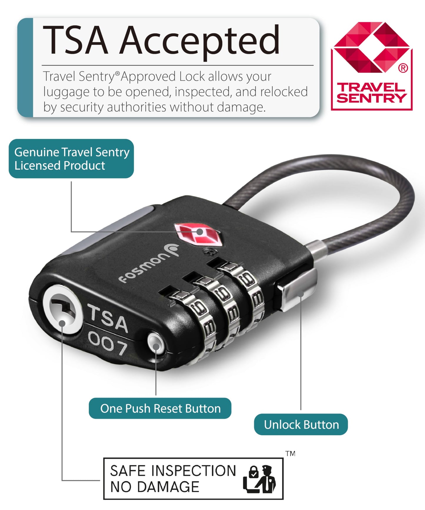 Fosmon TSA Approved Cable Locks for Luggage, Suitcase, Gun Case Lock with Push Release Button, 3 Digit Long Shackle Combination Wire Lock for Backpack