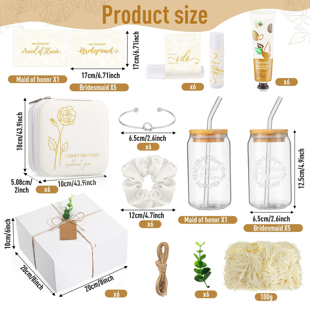 Teenyyou 60 Pcs Bridesmaid Proposal Gifts Bridesmaid Box Set Maid of Honor Gift Wedding Bridal Shower Include Jewelry Box Glass Cup Scrunchies Hair Knotted Bracelets Hand Cream Lip Balm Cards(White)