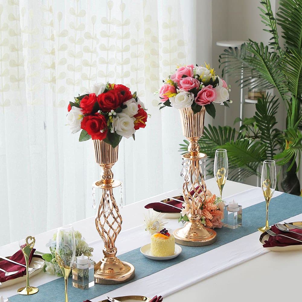 LoveCat Beaded Crystal Gold Vases: Set of 2 Elegant Metal Floral Vases, Trumpet Flower Holders for Table Centerpieces Wedding Banquets Birthdays Anniversaries Holiday Parties Events(20.2")