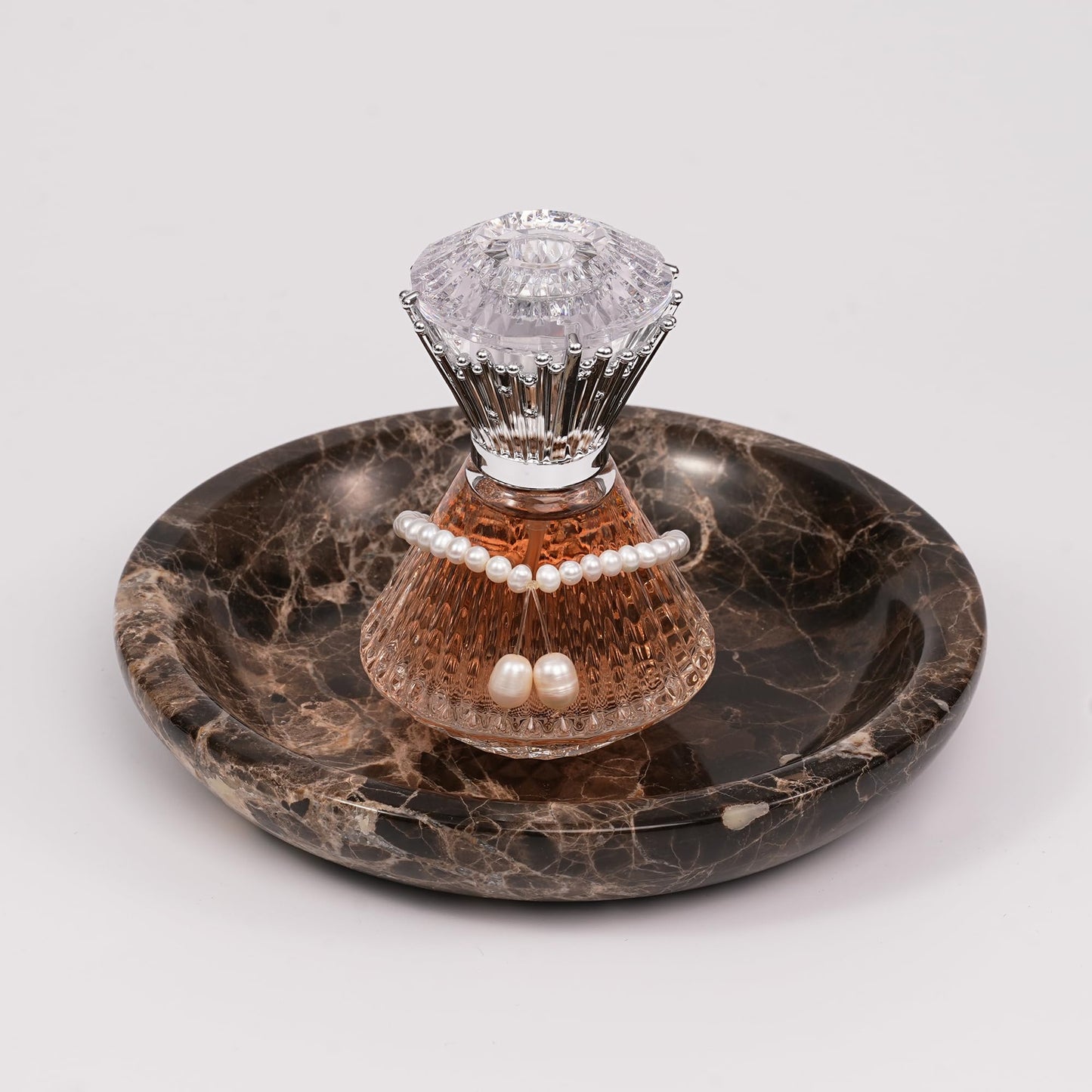 LWALMS Brown Marble Jewelry Tray - Stone Trinket Ring Key Purse Holder Dish, Small Cute Round Plate Decorative Bowl for Nightstand Entryway Coffee Table Decor (5.5 inch)