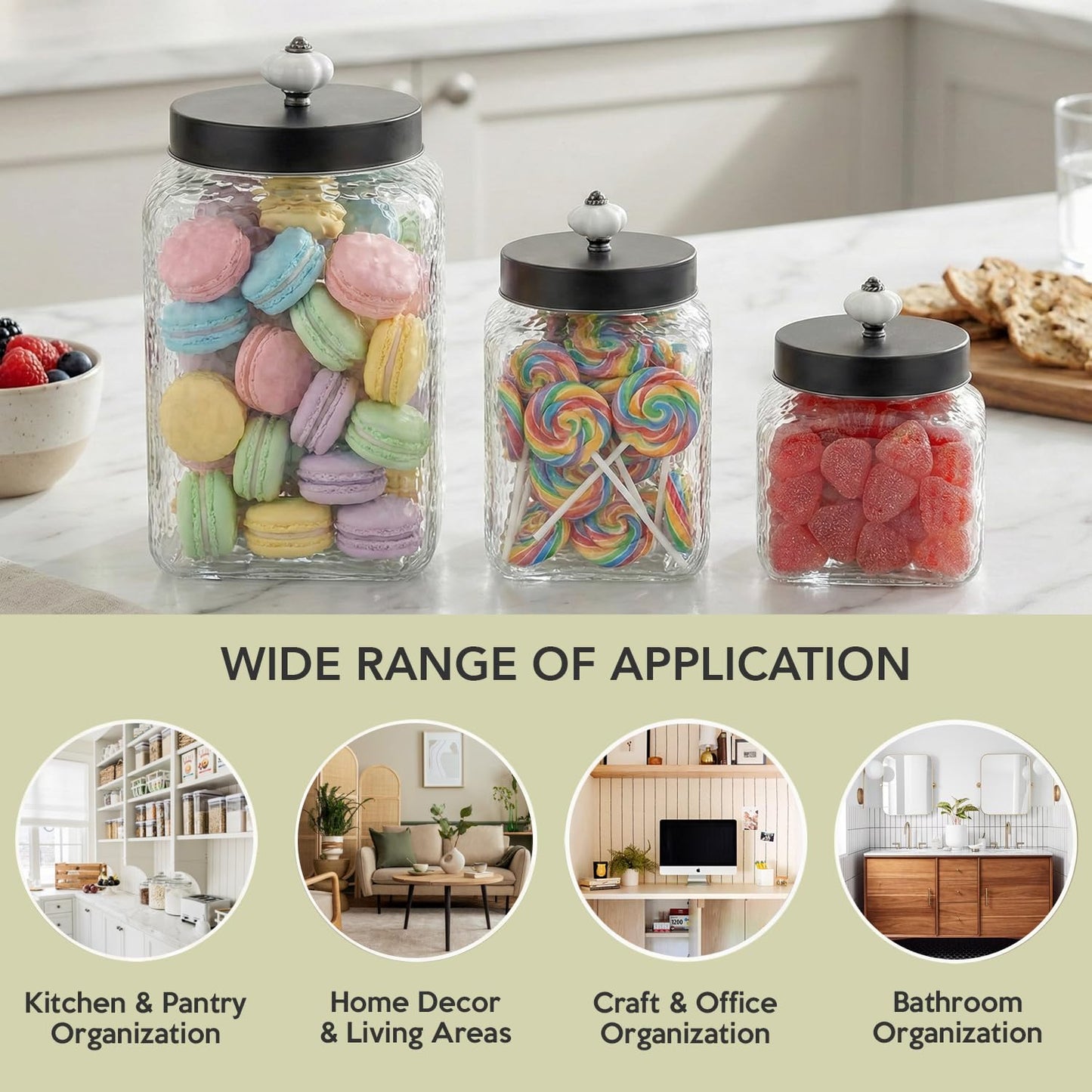 Style Setter Square Canister Set 3-Piece Glass Jars in 43, 64 and 75 ounces Chic Retro Design with Airtight Stainless Steel Lids for Cookies, Candy, Hammered