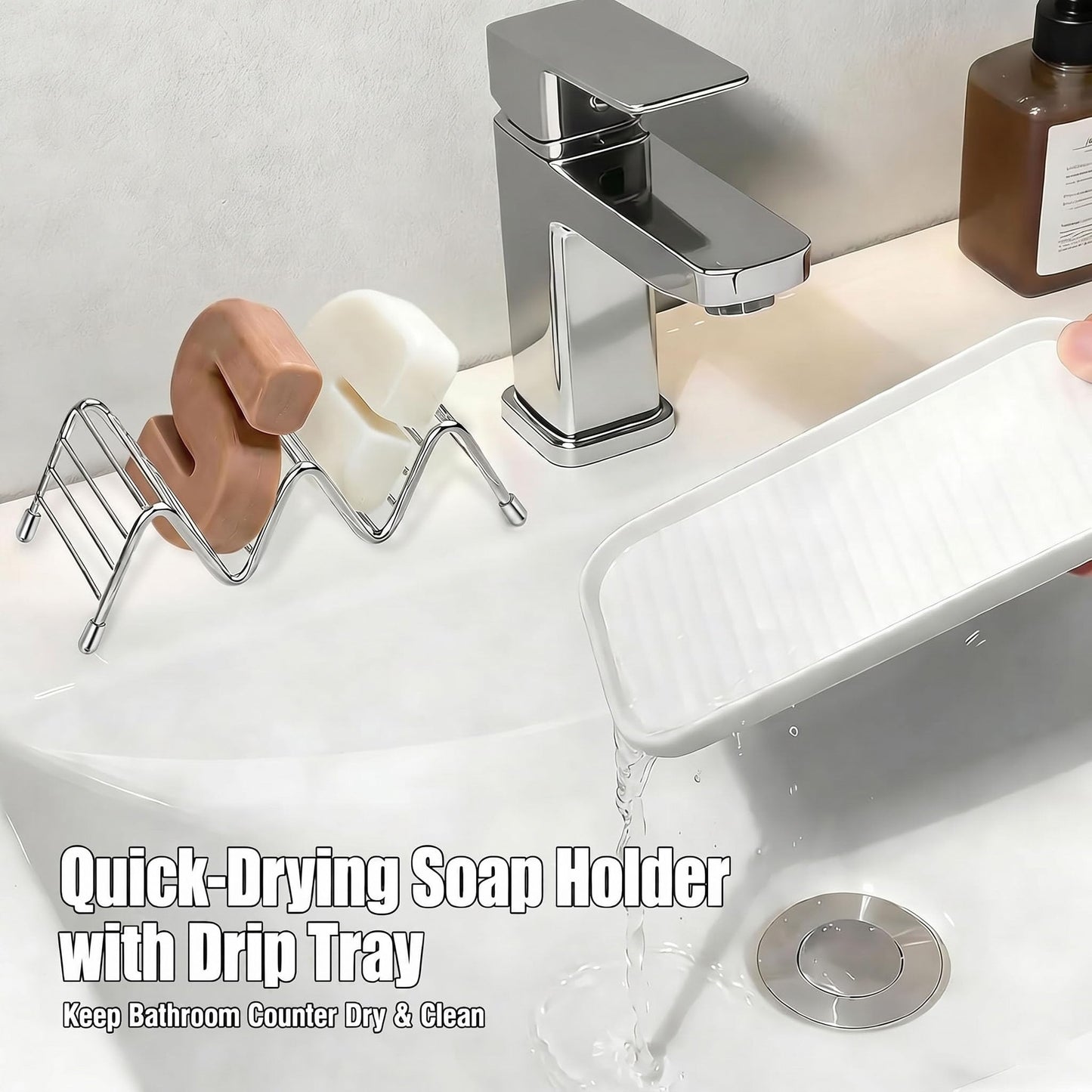 Bar Soap Holder with Removable Drip Tray,Rustproof SUS304 Stainless Steel Soap Dish for Shower Bathroom Countertop, Non-Slip Wave Bar Saver for Shampoo Soap Sponge, White