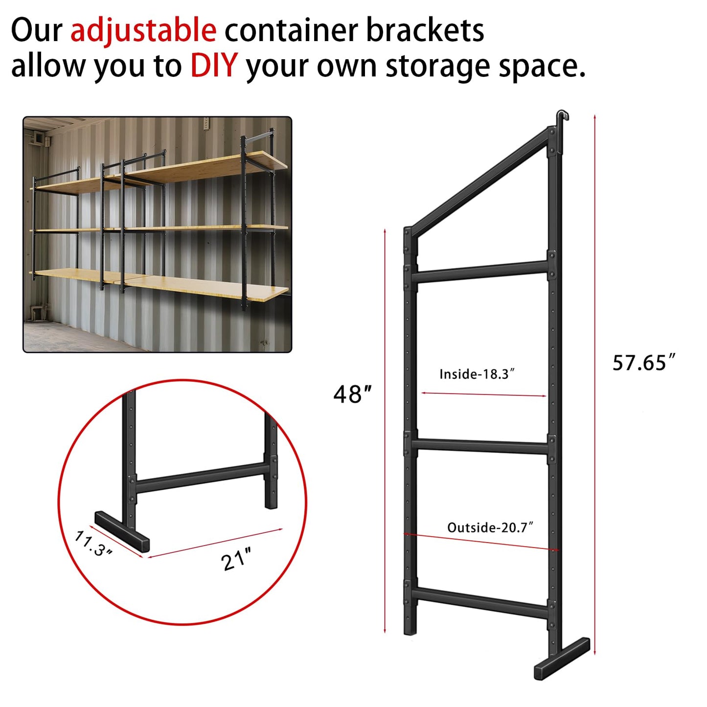 2-Pack Adjustable Shipping Container Shelf Brackets - Heavy Duty 3-Tier Kit to Build 57" H x 20" W Shelving, DIY Storage Solution for Cargo Containers & Trailers