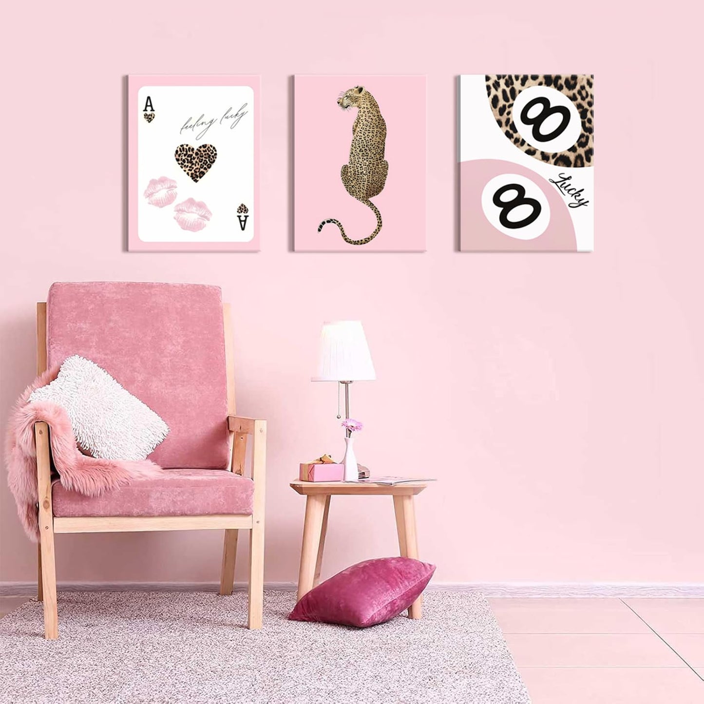 Trendy Leopard Canvas Wall Art Set of 3 - Pink Cheetah Prints Wall Decor Pictures, Funky Lucky You 8 Ball Poster Preppy Aesthetic Paintings, for Girls Bedroom Dorm Apartment 12x16 inch Framed