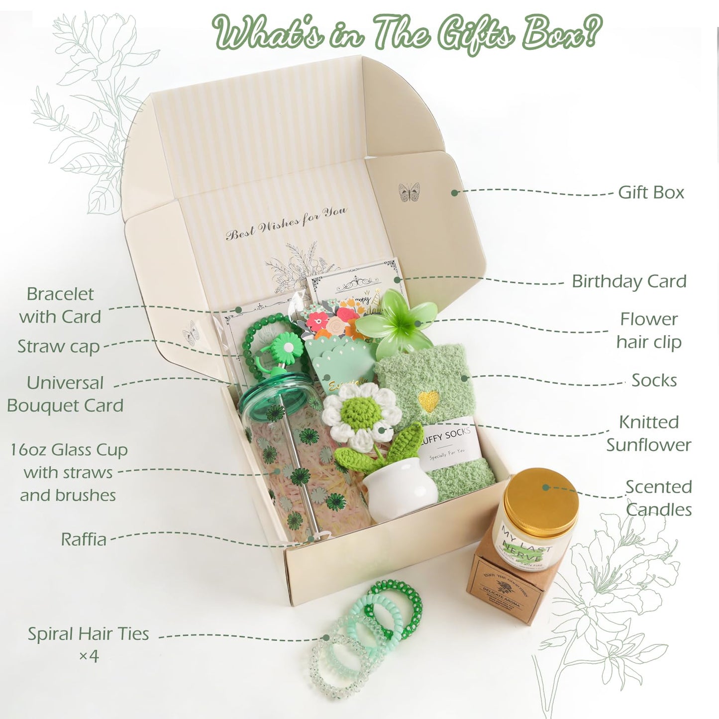 Birthday Gifts for Women, Teen Girls, Her, Unique Happy Birthday Gift Baskets for Best Friend Sister Daughter, Women Mother Gifts Box for Girls Wife Girlfriends, 14pcs Cute Daisy Gift Set(Green)