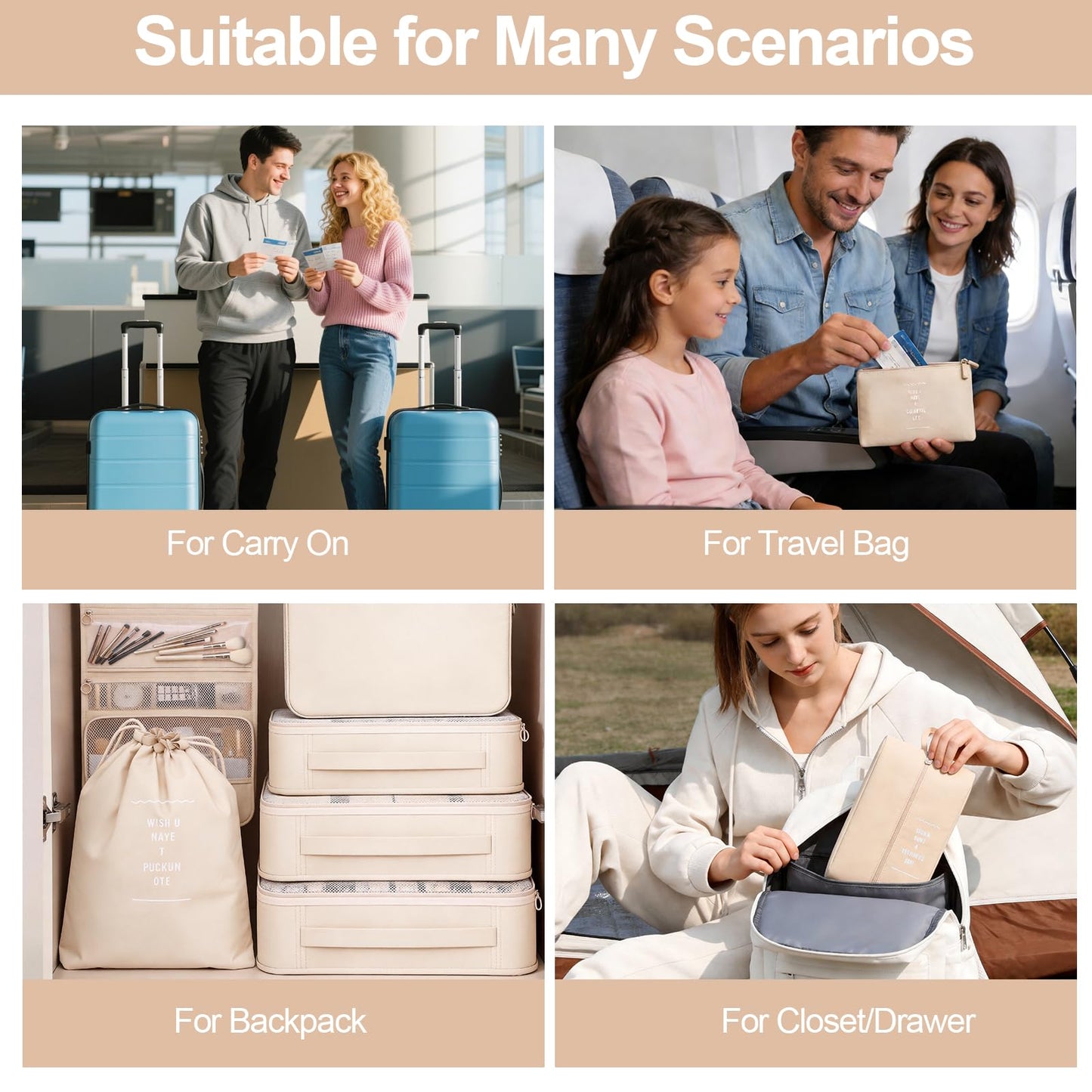 8 Set Packing Cubes for Travel,Suitcase Organizer Bags for Luggage with Shoe & Hanging Toiletry Bag, Vacation Essentials & Accessories for Cruise Ship, Airplane Must-Have,Road Trip & Camp Gifts(Cream)