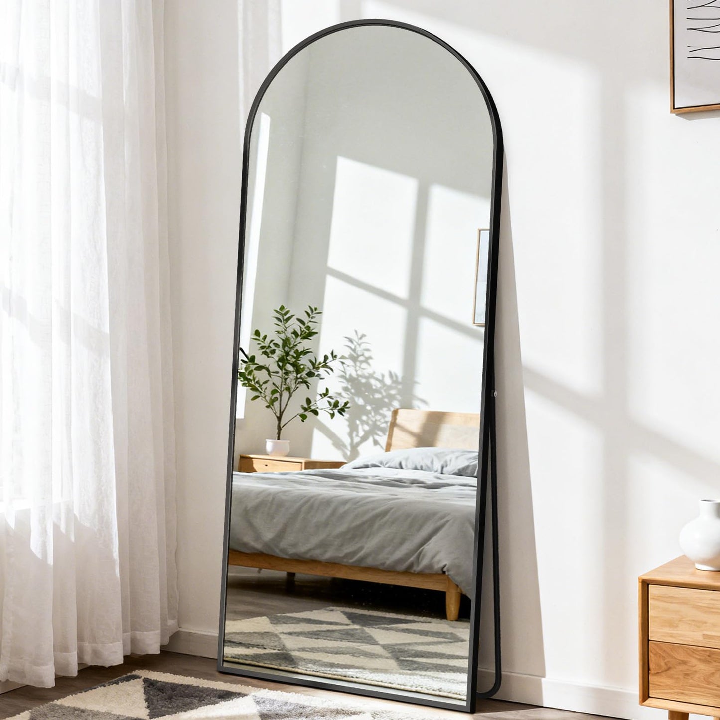 DUMOS Arched Full Length Mirror with Stand 64"x21" Floor Standing Aluminum Frame for Bedroom Body Hanging Leaning Modern Simple Home Decor Shatter-proorf Nano Glass Wall Living Room Cloakroom Black