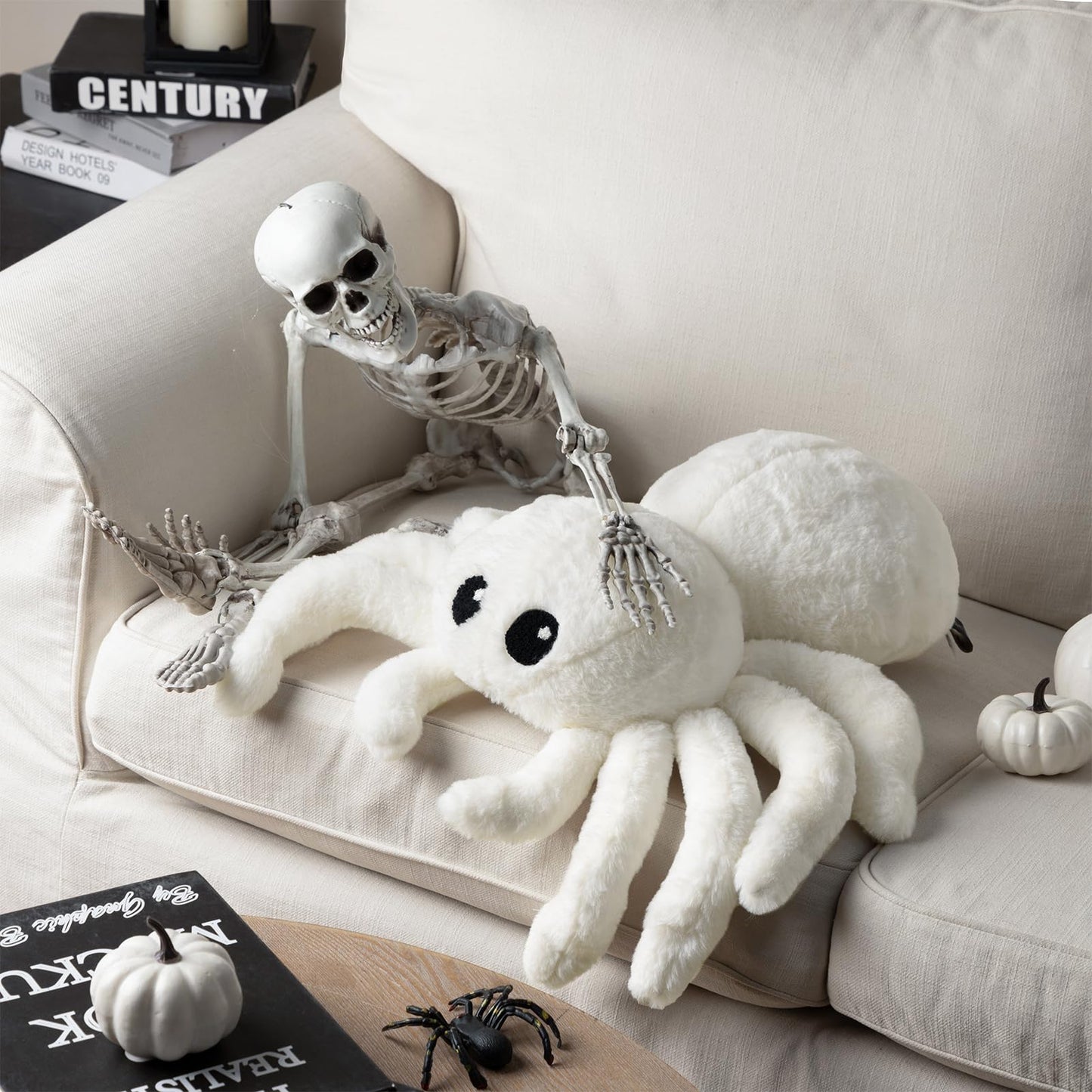 Phantoscope Happy Halloween Spider Shaped Throw Pillow, Faux Fur Fluffy Tarantula Shaped Halloween Cushion Pillow, White, 9 x 16 inch
