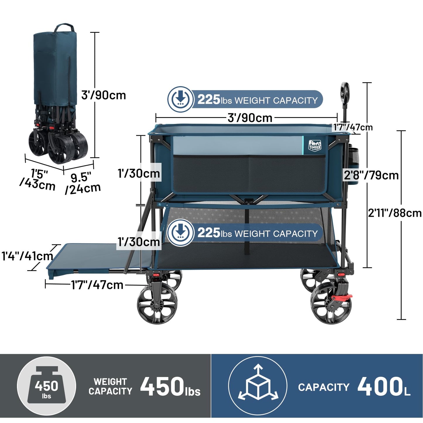 TIMBER RIDGE 400L Large Capacity Folding Double Decker Wagon with Brakes, 54" Extra Long Extender Wagon Cart, 450lbs Heavy Duty Collapsible Cart, All-Terrain Big Wheels for Camping, Sports, Shopping