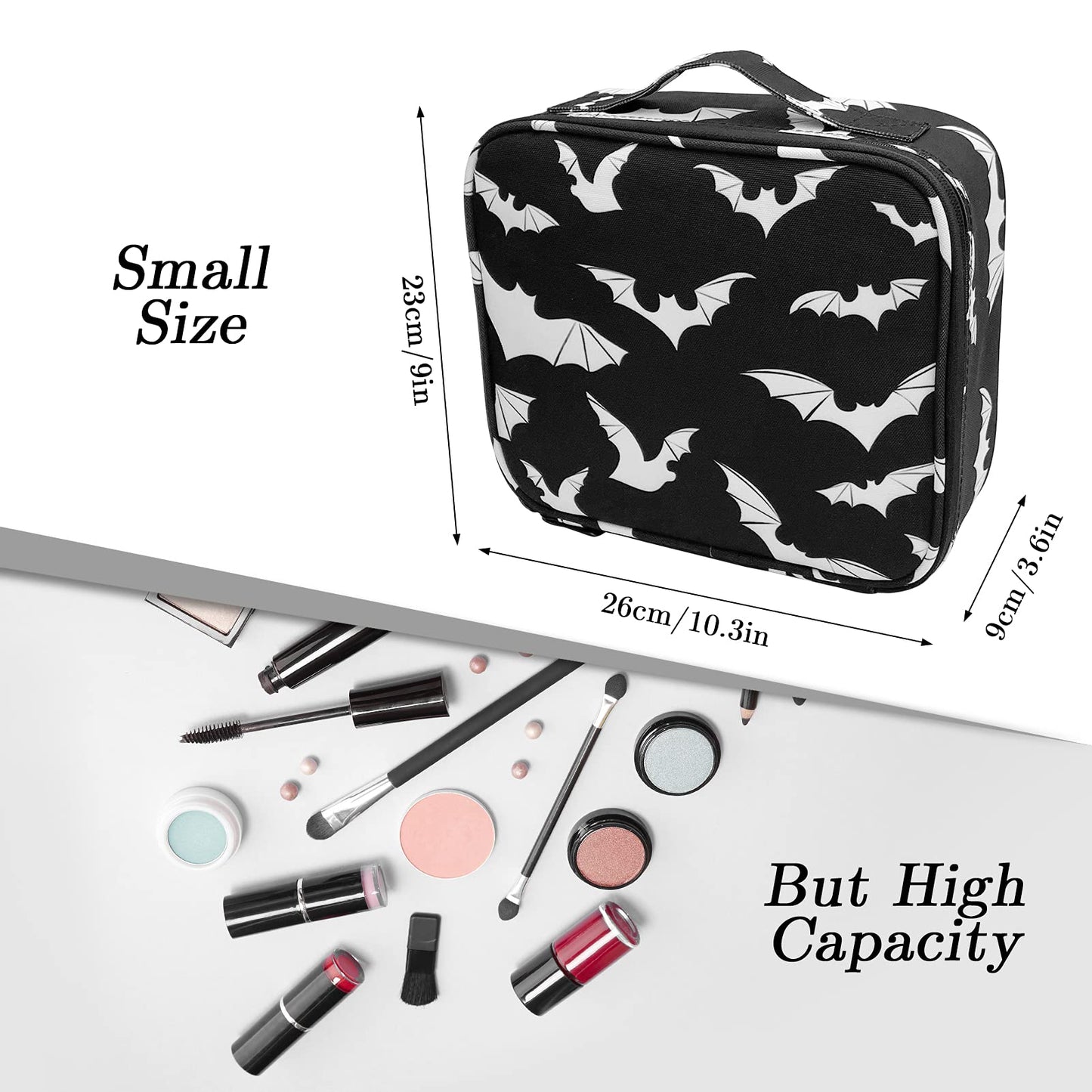 9CH Goth Makeup Organizer Bag, Halloween Makeup Bags Large Cosmetic Bag with Adjustable Dividers Portable Bat Cosmetic Case for Make up Brushes Toiletry Jewelry(Black Bats)
