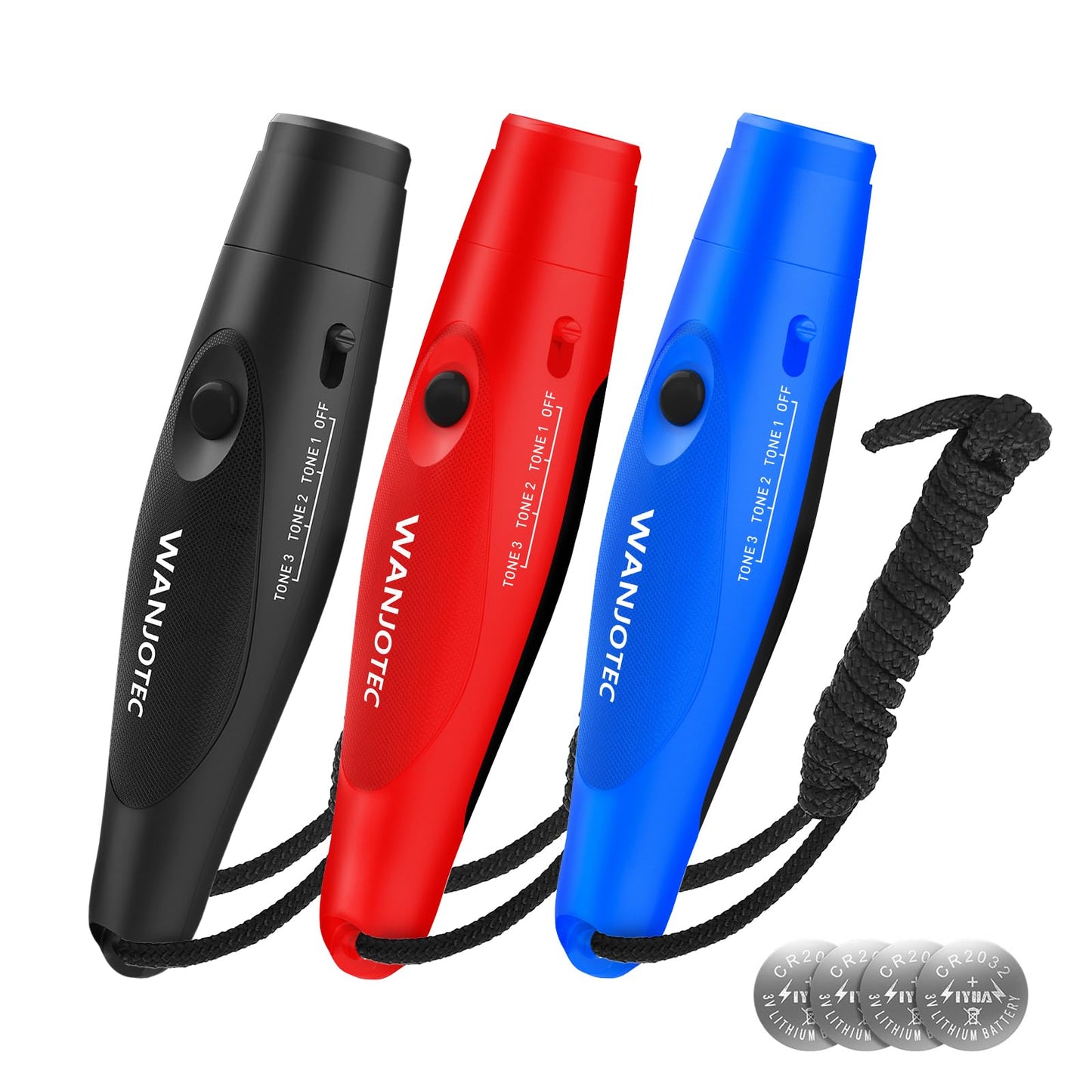WANJOTEC Electronic Whistle, 3 Packs Electronic Sports Whistles with Lanyard, Adjustable 3 Tone & 3 High Volume Hand Emergency Blowless Whistle Ideal for Coaches, Referees, and Officials