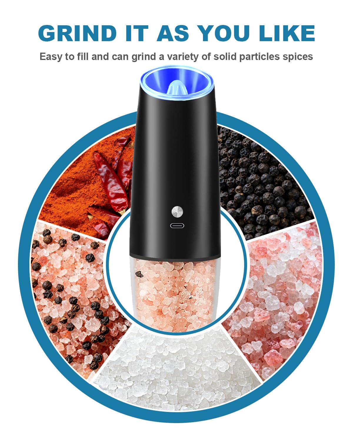 GVUHR Rechargeable Salt and Pepper Grinder Set,2 Intelligent Electric Grinders with Cleaning Brush,2 USB Charging Cables,Black Pepper and Salt Grinder Refillable