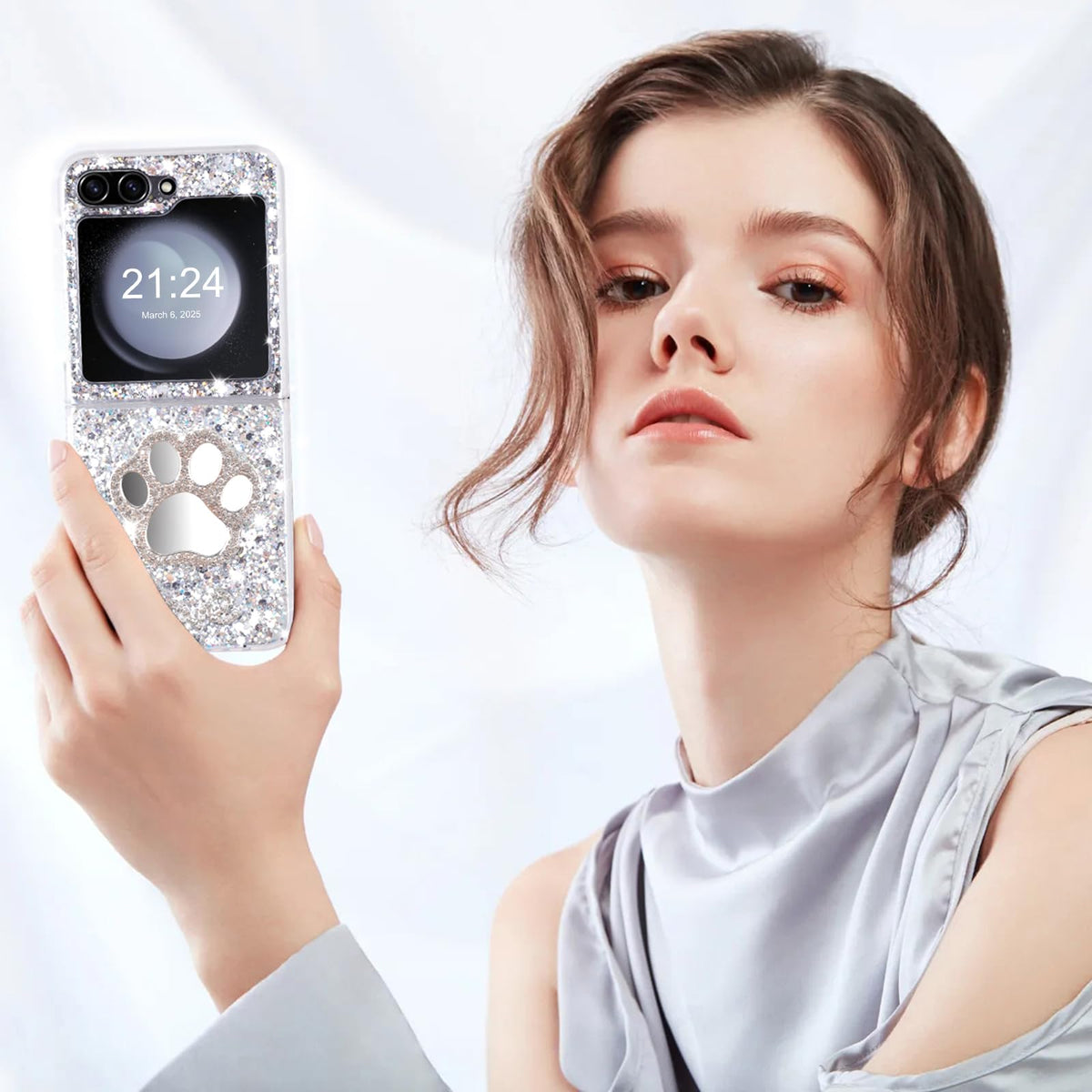 DAKORIE Galaxy Z Flip 5 Case Glitter Love Paw Mirror Flip Protective Cover for Samsung Galaxy Z Flip 5 2023 5G for Women Girl - Paw