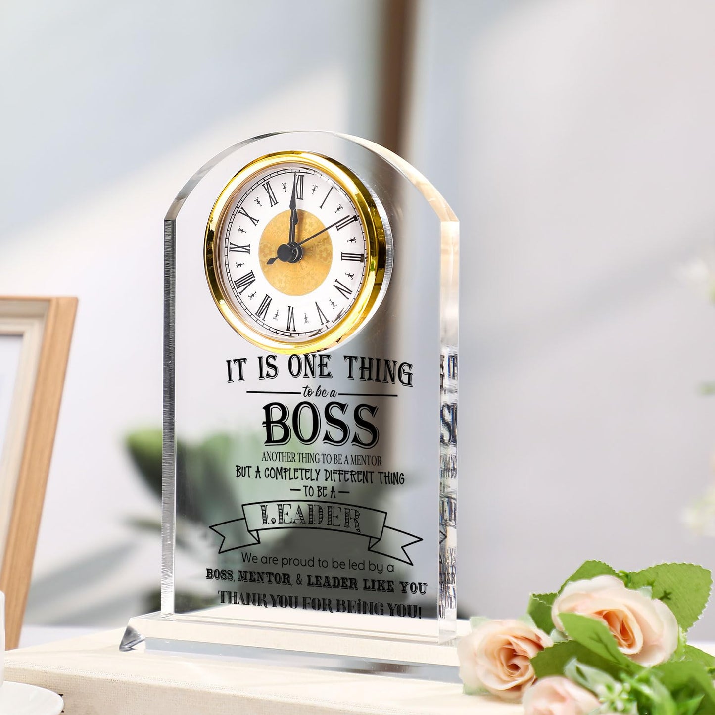 Boss Gifts for Men Acrylic Clock Best Boss Gifts for Men Women Appreciation Clock for Office Leader Manager Going Away Gift Acrylic Desk Sign for Women Lady Male Leader Idea Home Desk Table Decor
