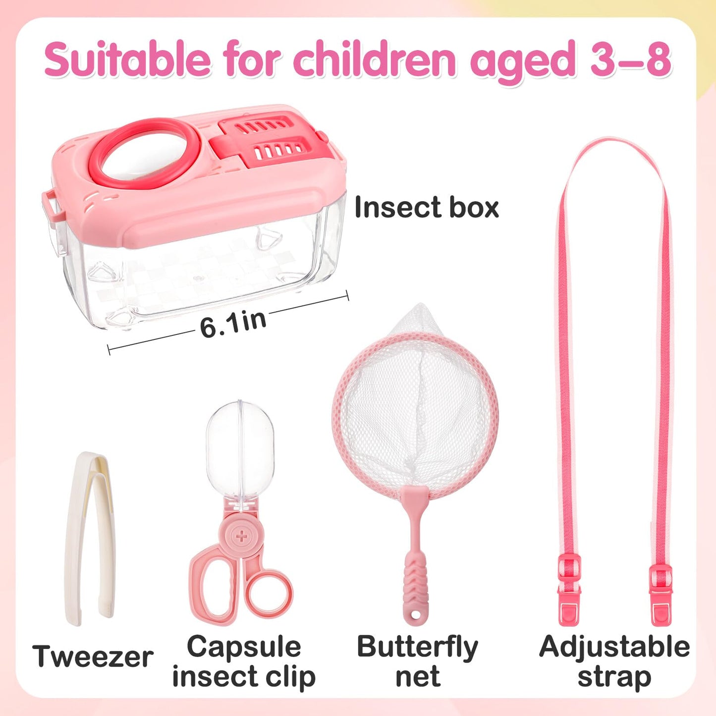 Biubee Bug Catcher for Kids - Sturdy Bugs Catching Kit Gifts with Butterfly Net Collector Insect Catcher Tweezer, Pink Bug Habitat Outdoor Explorer Kit for Girls Age 3 4 5 6 7 8