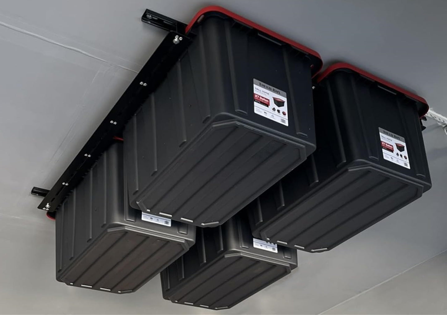 TORACK Garage Ceiling Bin Storage Rack, Overhead Tote Storage Rail System Heavy Duty Adjustable Tote Slide Rails Garage Bins Storage System(Black, Bins are not included)