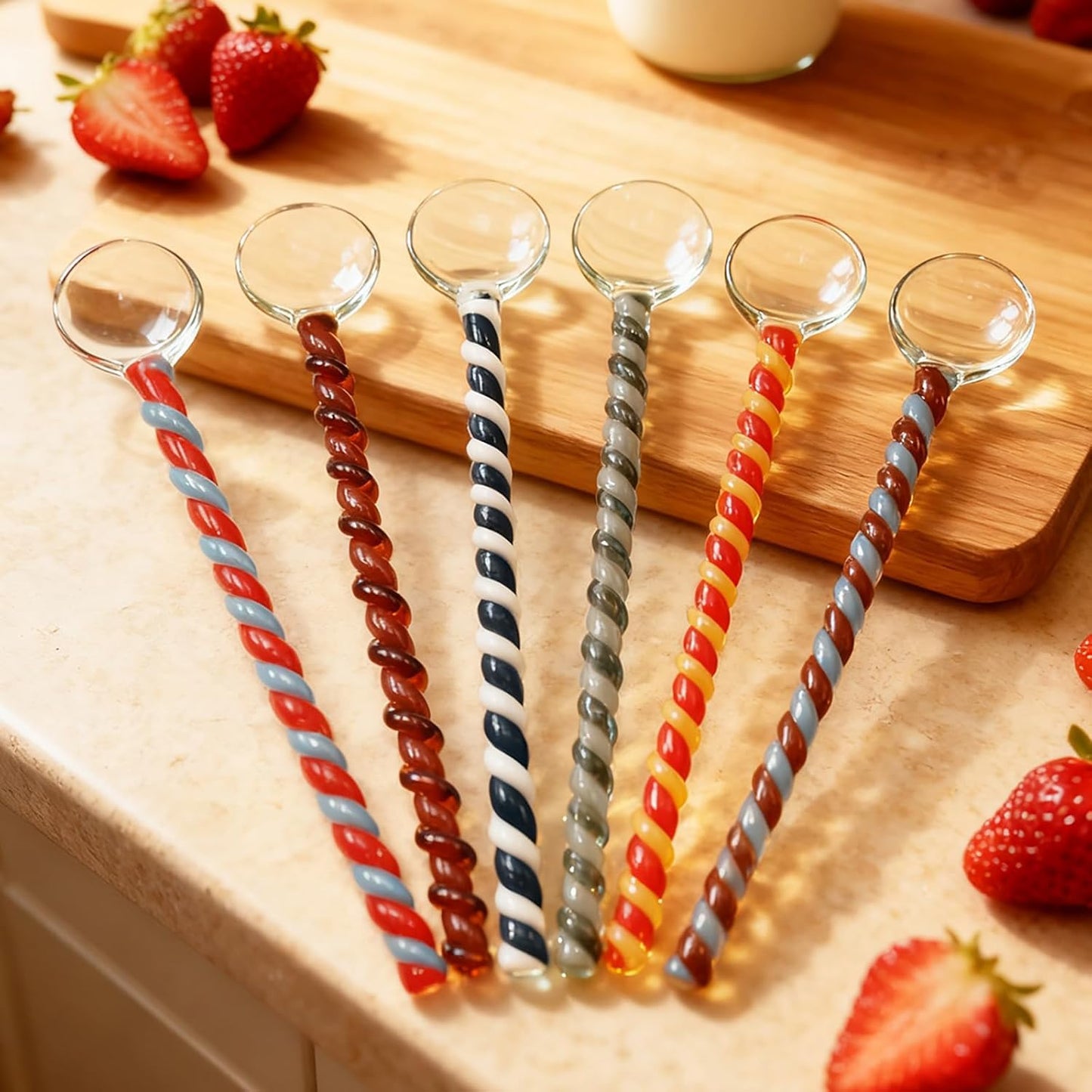 TMXAOK 6 Pieces Glass Stirring Spoons Clear Crystal Coffee Cocktail Mixing Spoon Teaspoons with Spiral Handle Salt Sugar Ice Cream Yogurt Jam Dessert Scoop Swizzle Stick Stirrer for Bar Cafe Party (H)