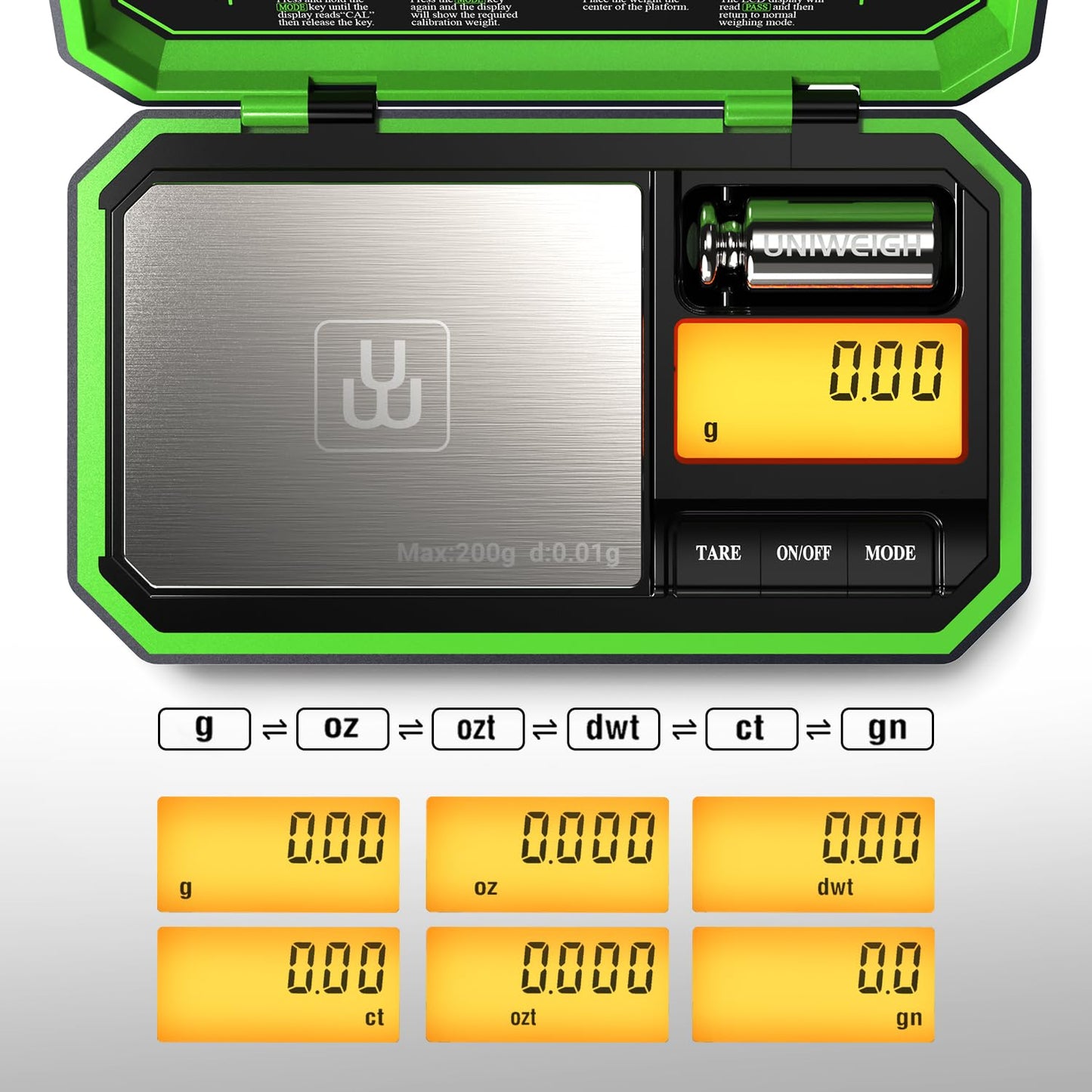 UNIWEIGH Digital Pocket Scale 200g/0.01g, Digital Gram Scales, Mini Food Scale with 50g Calibration Weight for Food,Powder,Tea,Jewelry,Coins,small items scale (Battery Included)-Fluorescent Green