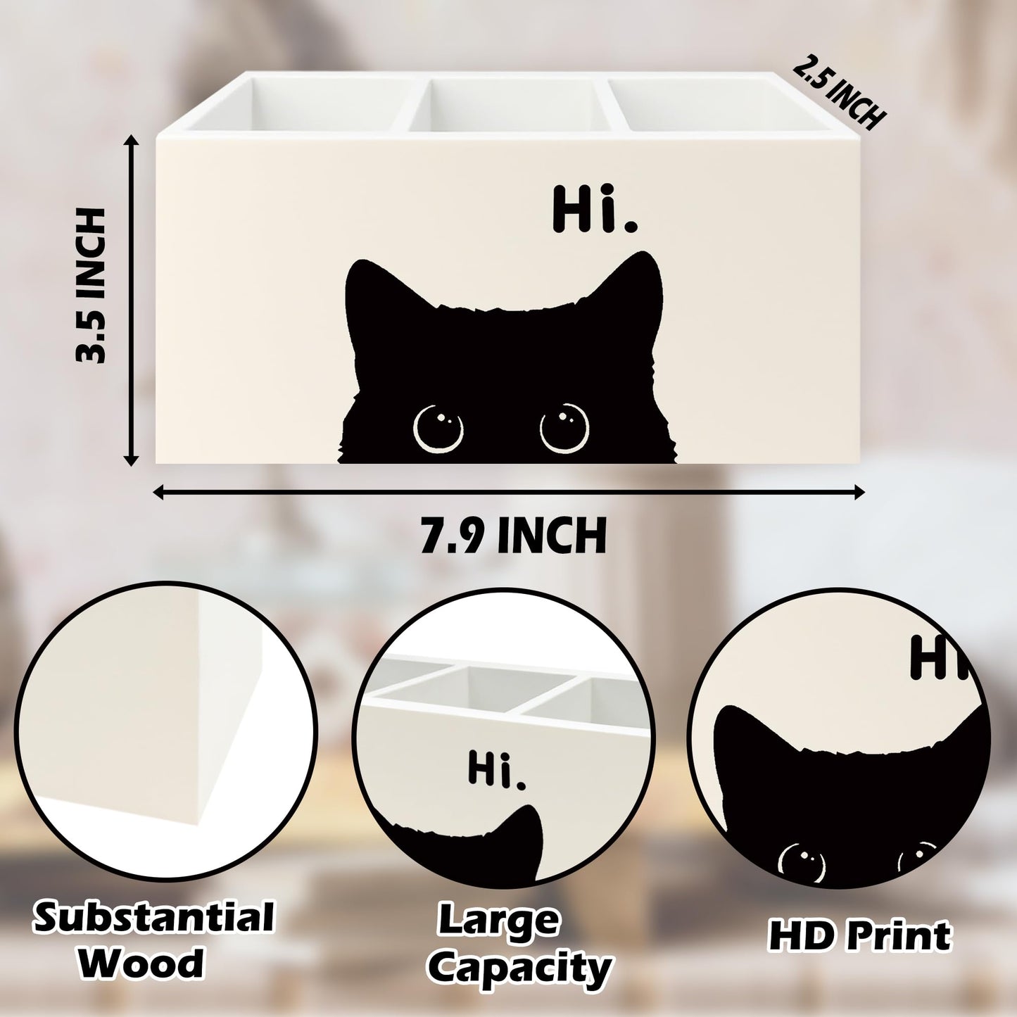 QZQE Funny Black Cat Pen Pencil Holder Organizer for Desk, Black Cat Lovers Gifts for Women Men Wooden Box Signs Decorations for Home Office Desk Tabletop, Gifts for Pet Lover
