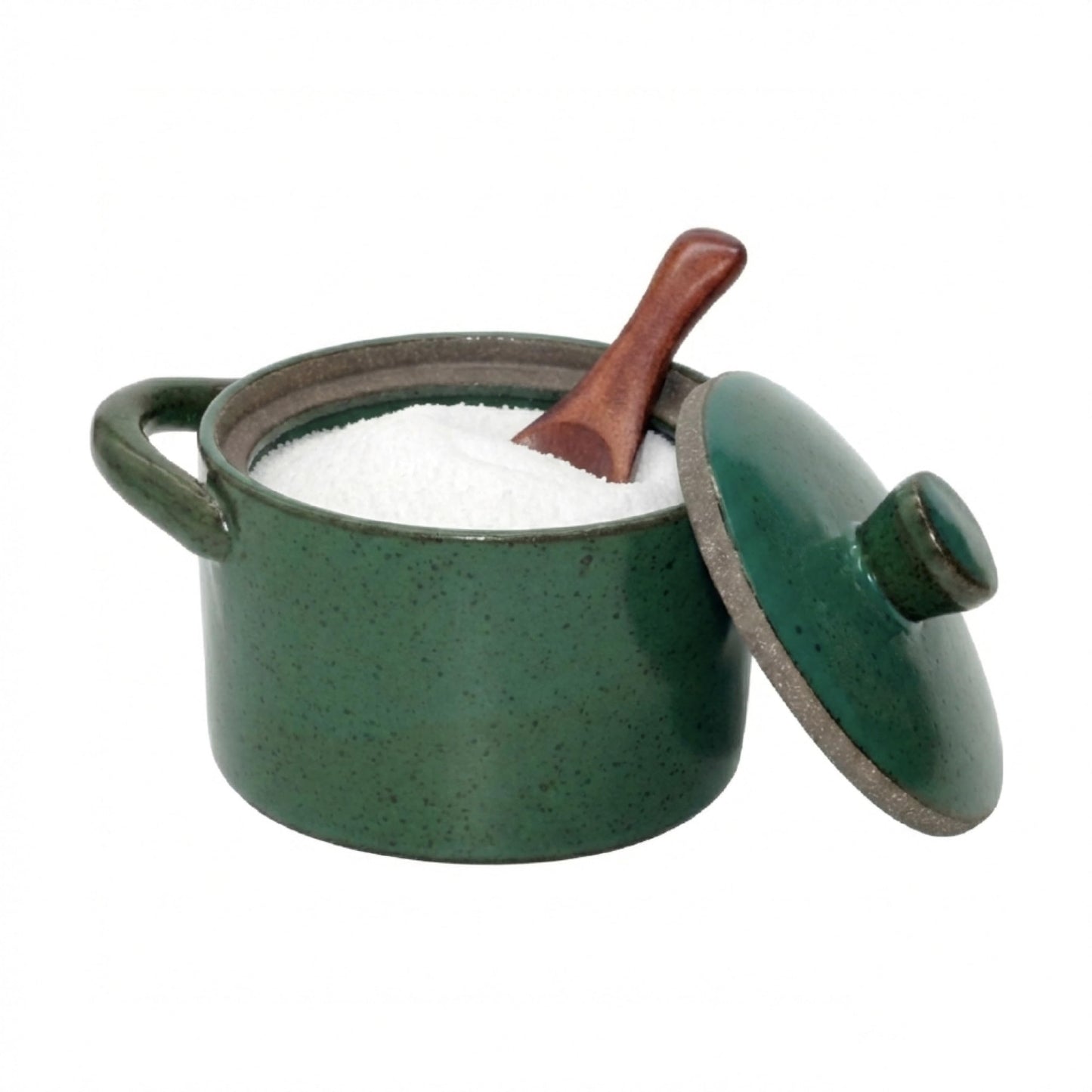 seicasaya Handcrafted Speckled Ceramic Salt Cellar with Wooden Spoon, Rustic Vintage Spice Jar, Dishwasher Safe, 8.45 fl oz (Vintage Green)
