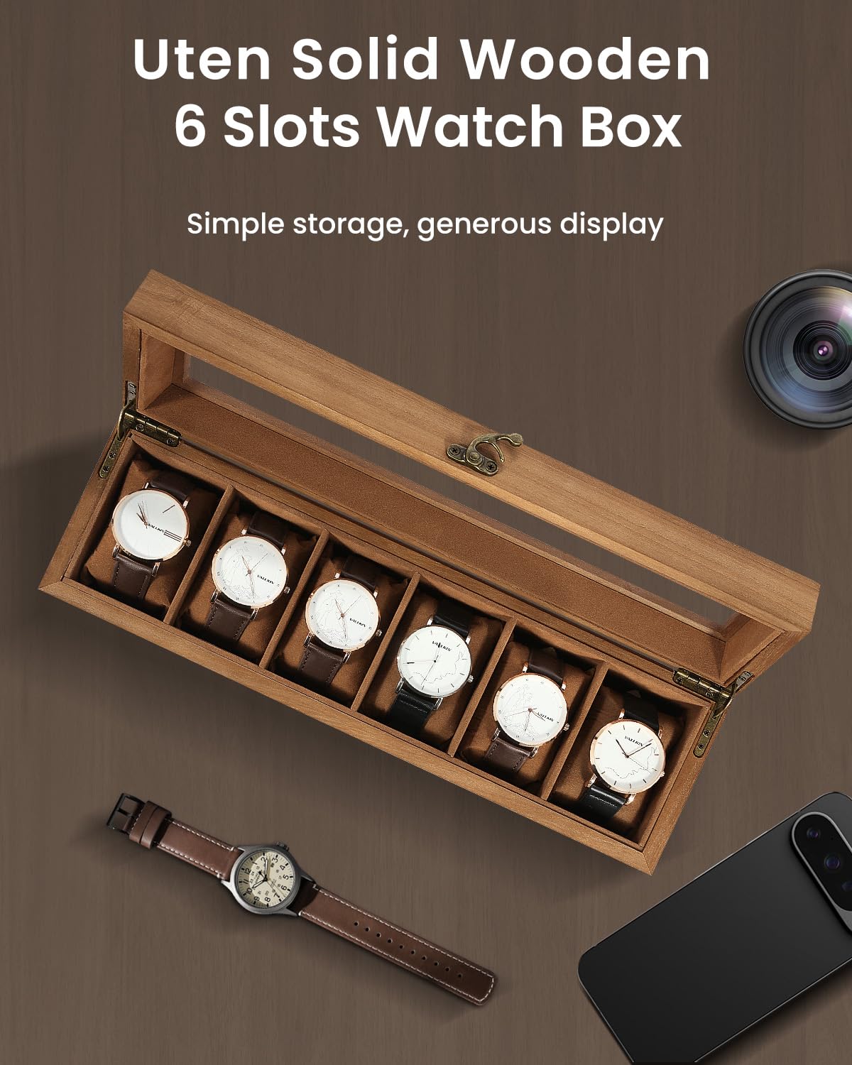 Uten Solid Wood Watch Box, 6 Slot Watch Case with Soft Pillow, Watch Display Case with Glass Lid, Watch Holder Organizer, Watch and Jewelry Storage, Gift Ideas, Brown